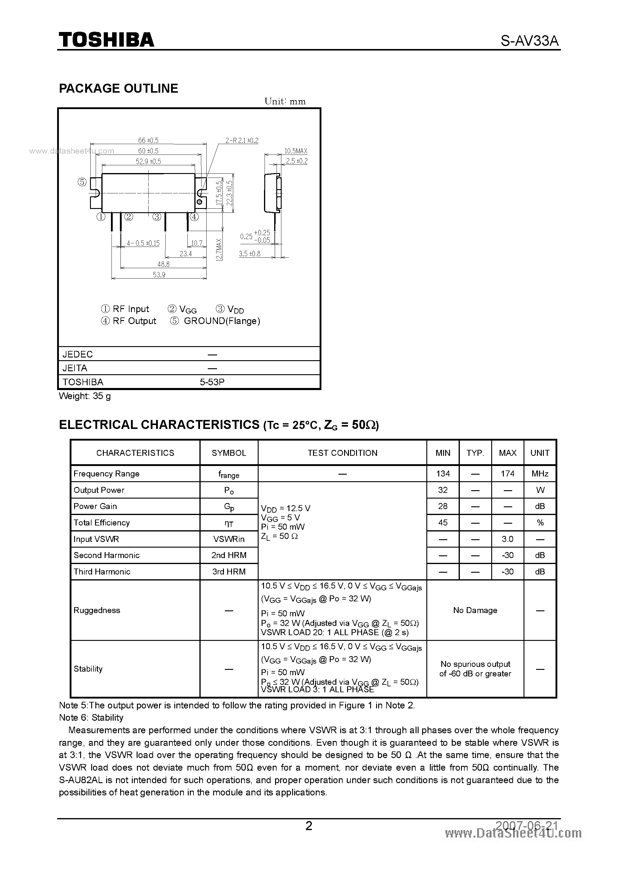 Datasheet S-AV33A page 2 Datasheet S-AV33A - RF POWER AMPLIFIER MODULE FM RF POWER AMPLIFIER MODULE page 2