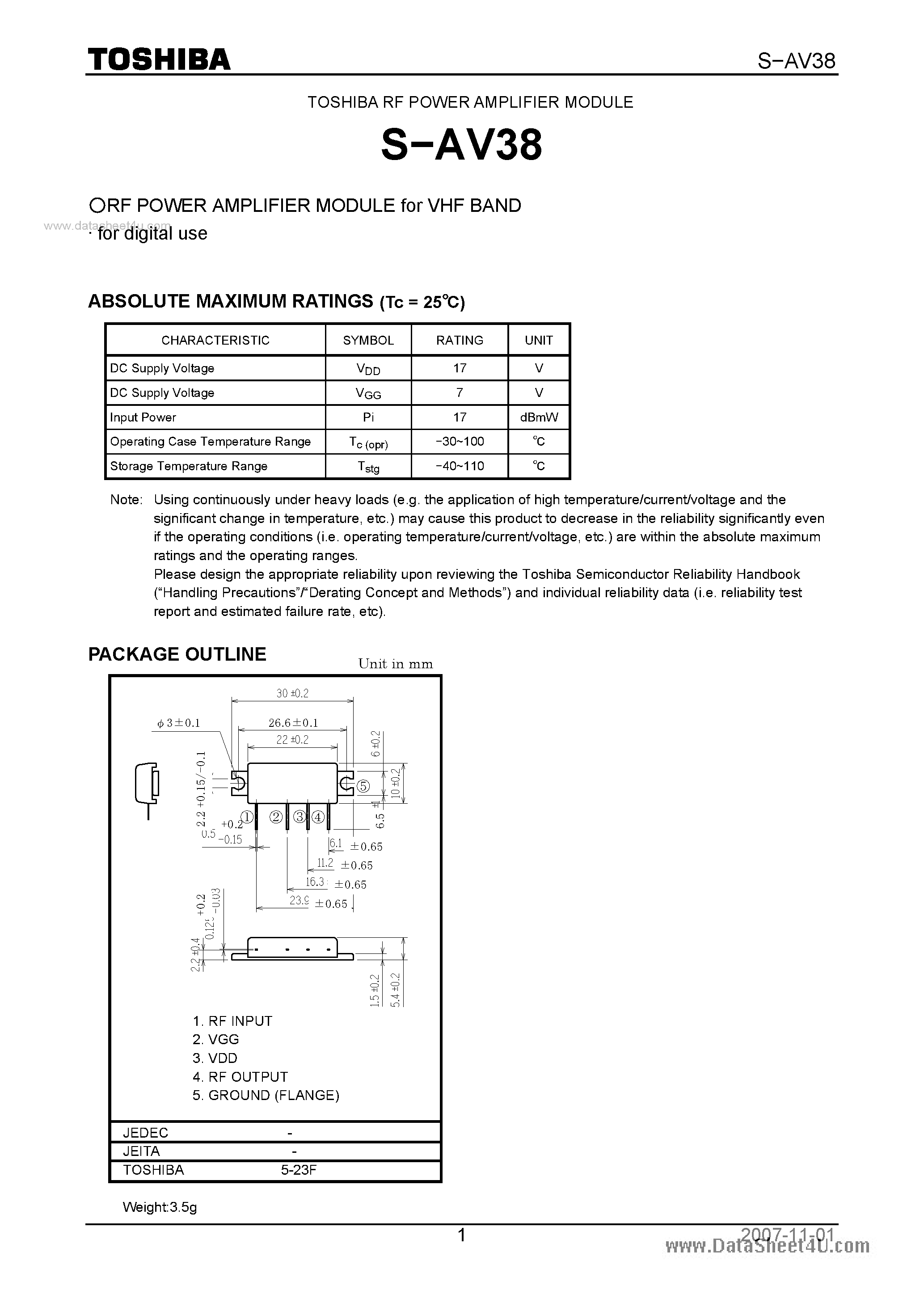 Datasheet S-AV38 page 1 Datasheet S-AV38 - RF POWER AMPLIFIER MODULE RF POWER AMPLIFIER MODULE page 1