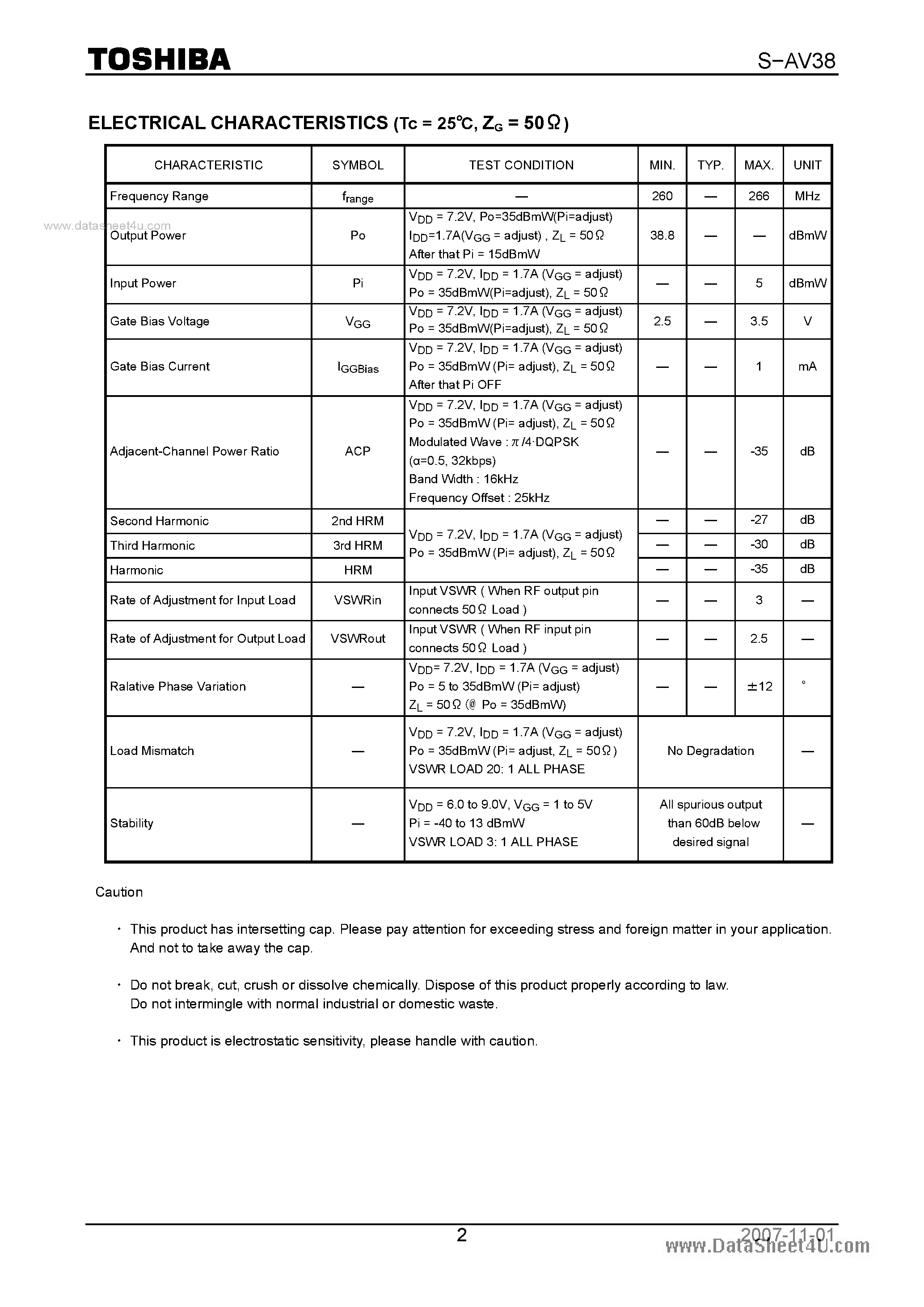 Datasheet S-AV38 page 2 Datasheet S-AV38 - RF POWER AMPLIFIER MODULE RF POWER AMPLIFIER MODULE page 2