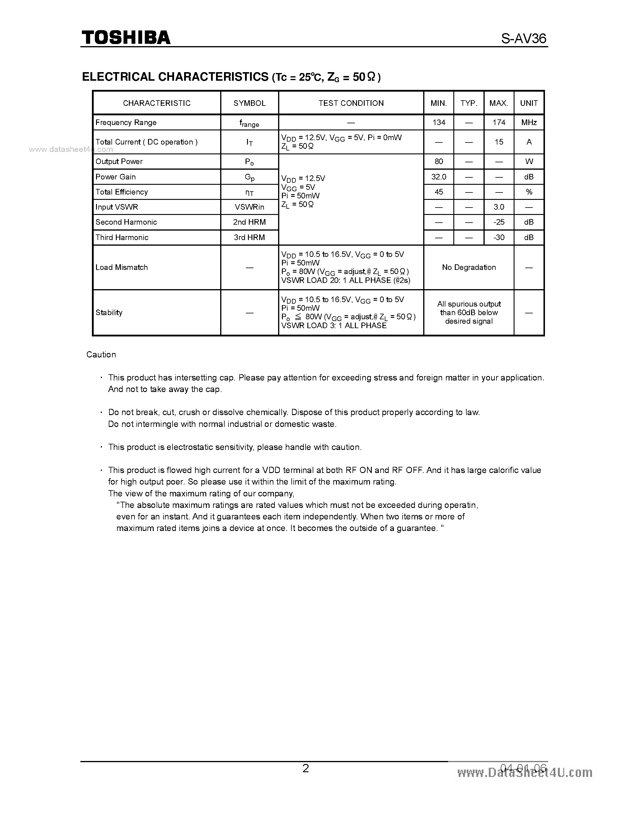 Даташит на микросхему S-AV36 страница 2 Даташит S-AV36 - FM RF Power Amplifier Module страница 2