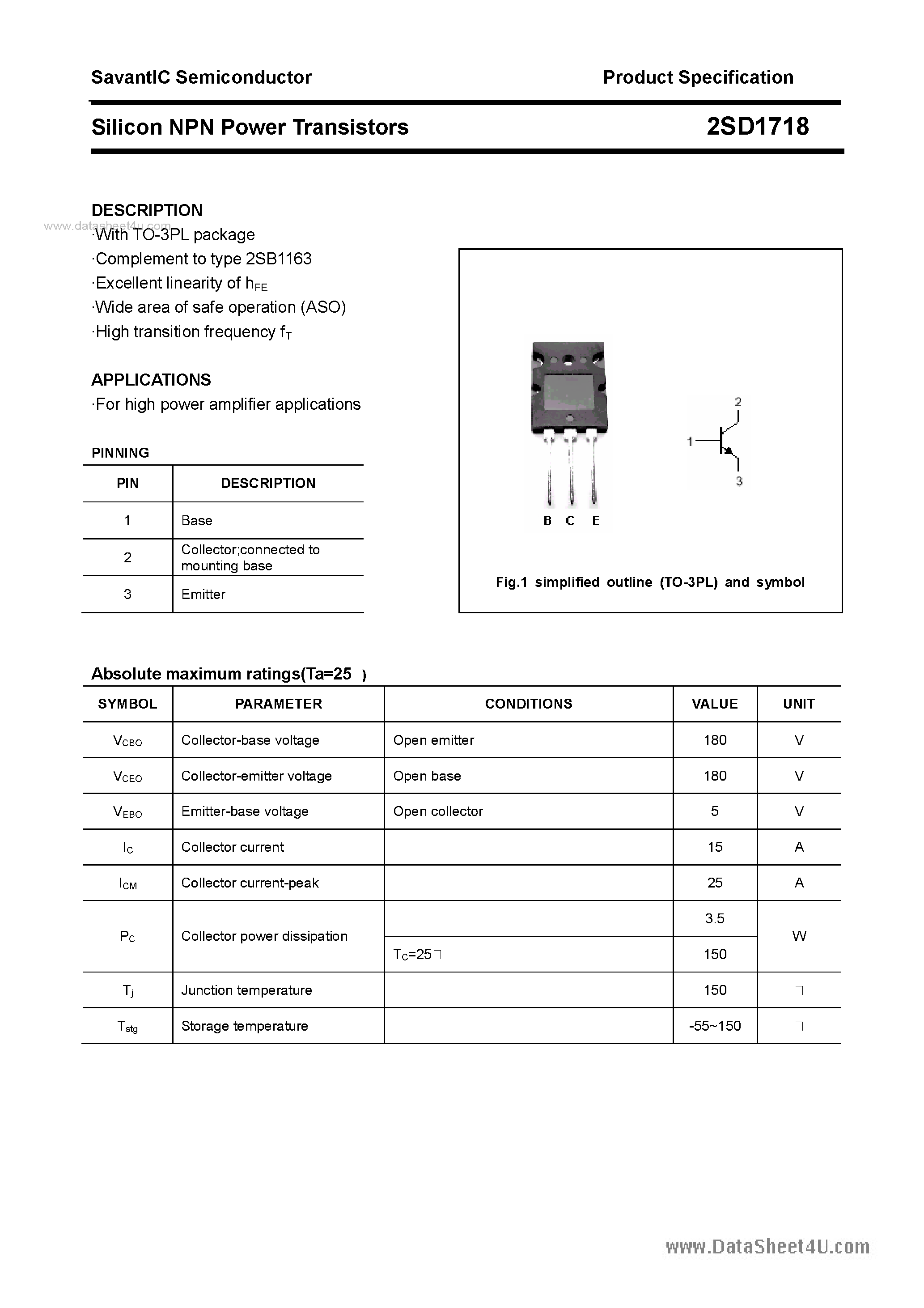 Datasheet 2SD1718 - SILICON POWER TRANSISTOR page 1
