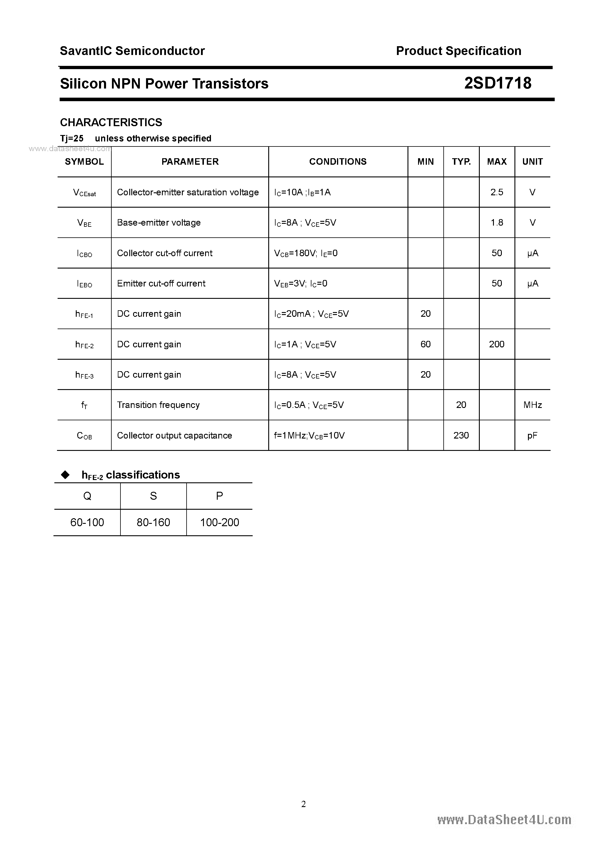 Datasheet 2SD1718 - SILICON POWER TRANSISTOR page 2