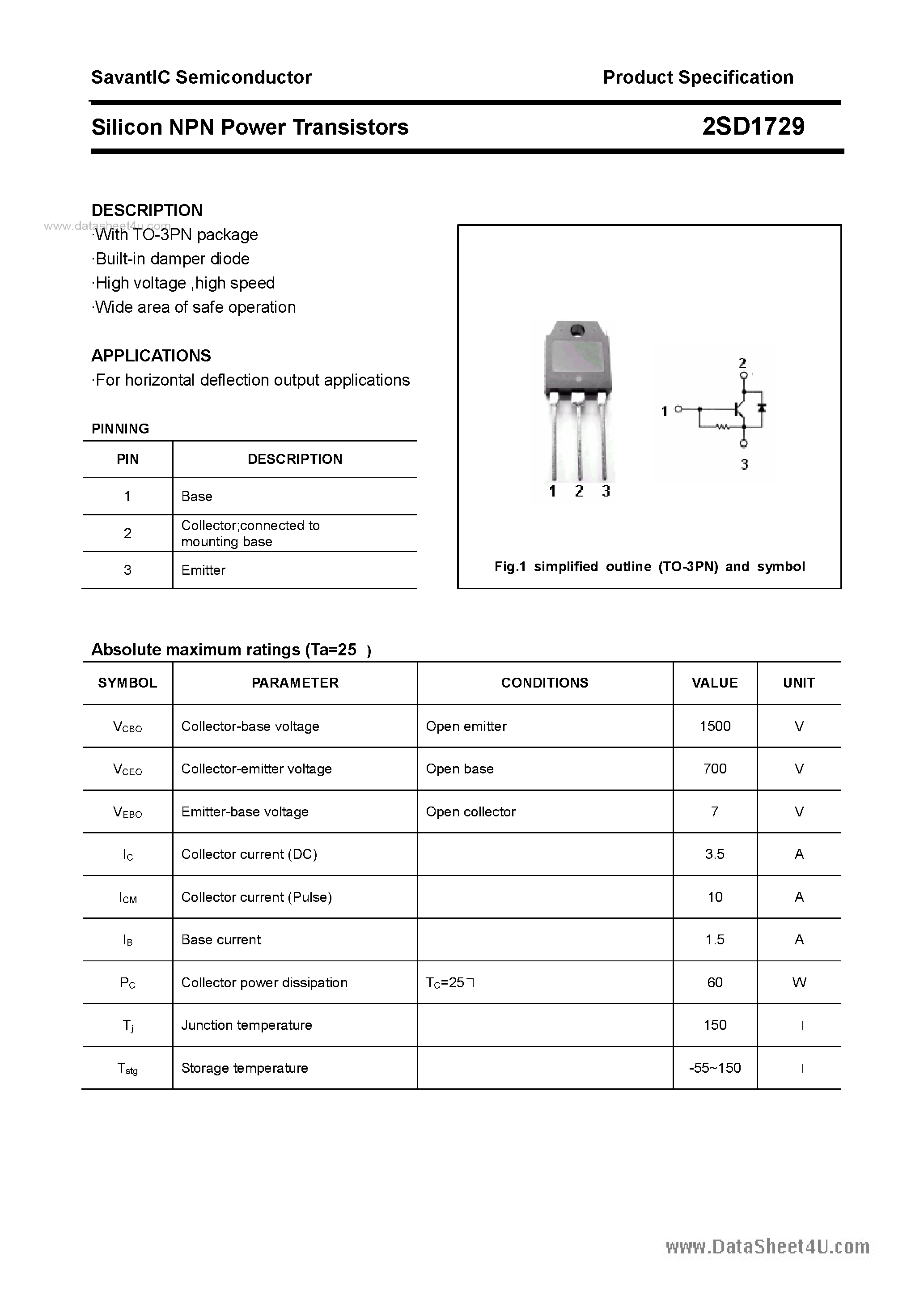 Datasheet 2SD1729 - SILICON POWER TRANSISTOR page 1