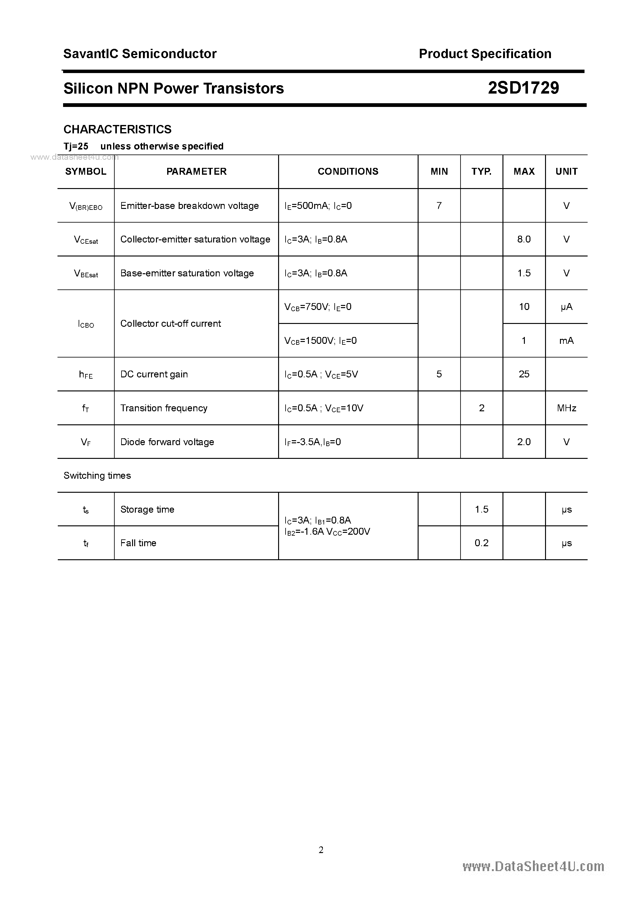 Datasheet 2SD1729 - SILICON POWER TRANSISTOR page 2