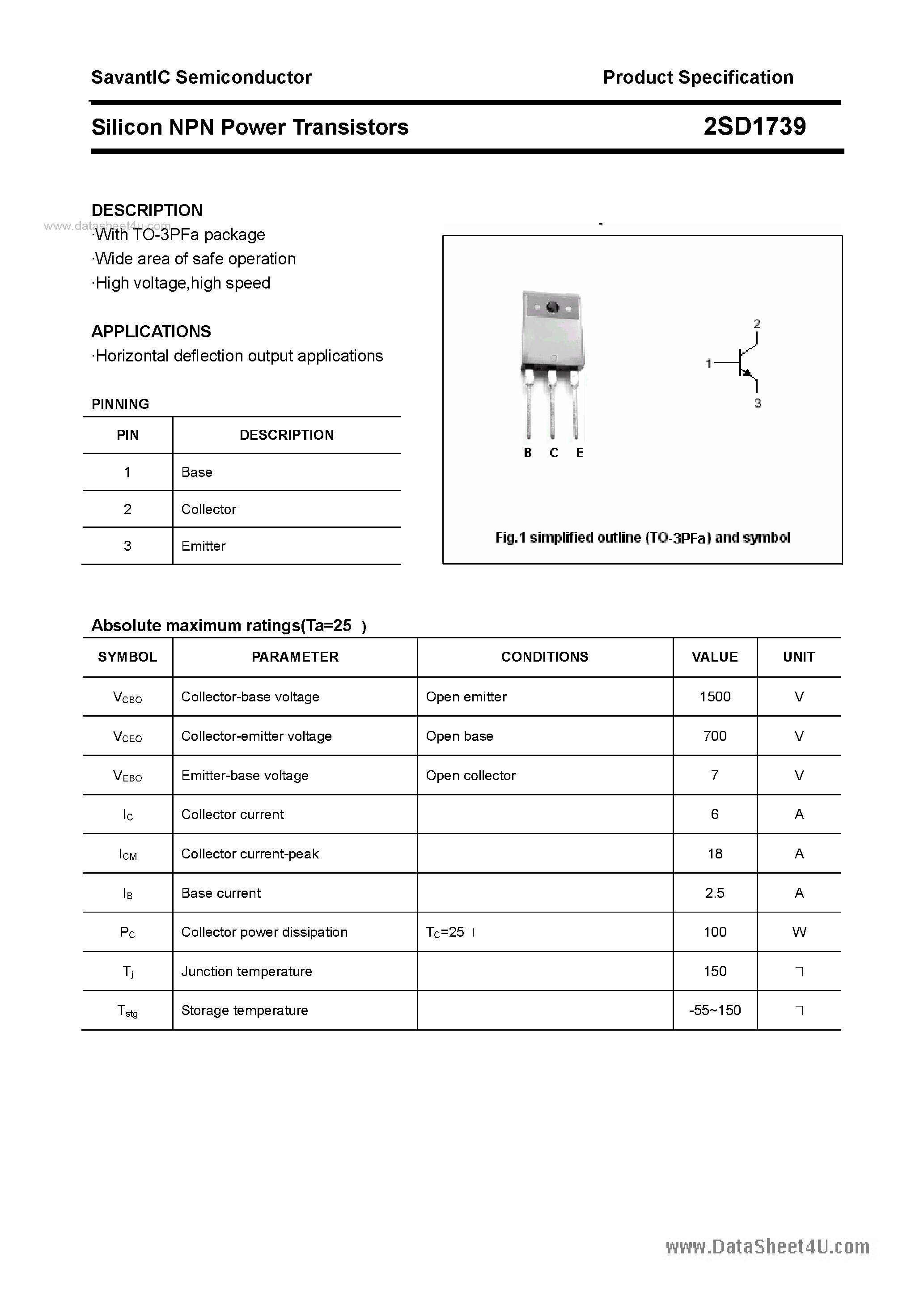 Datasheet 2SD1739 - SILICON POWER TRANSISTOR page 1