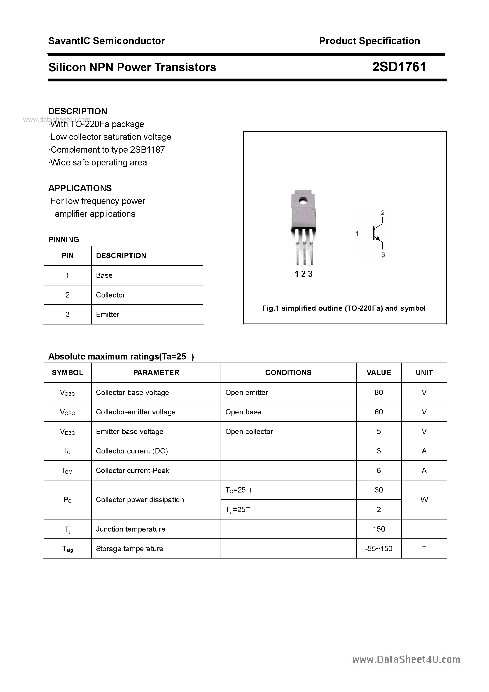 Datasheet 2SD1761 page 1 Datasheet 2SD1761 - SILICON POWER TRANSISTOR page 1