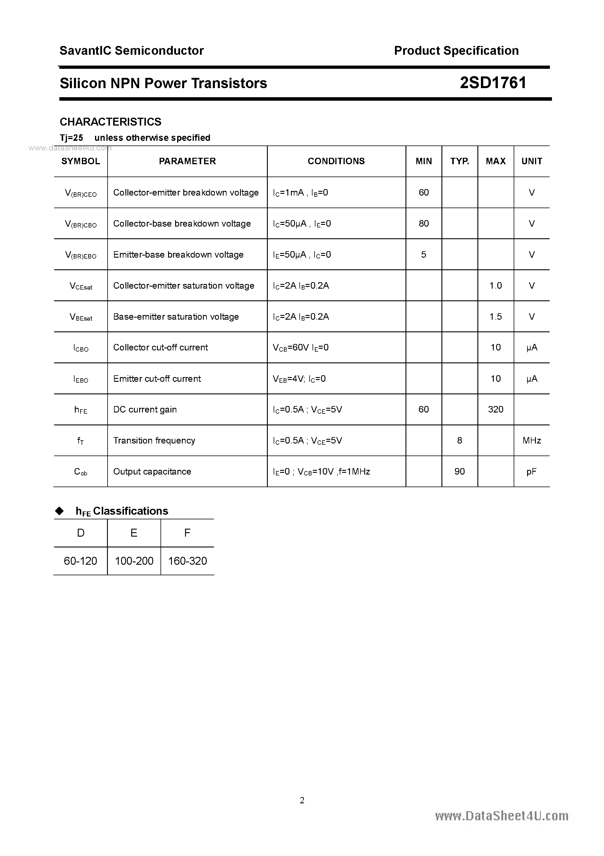 Datasheet 2SD1761 page 2 Datasheet 2SD1761 - SILICON POWER TRANSISTOR page 2