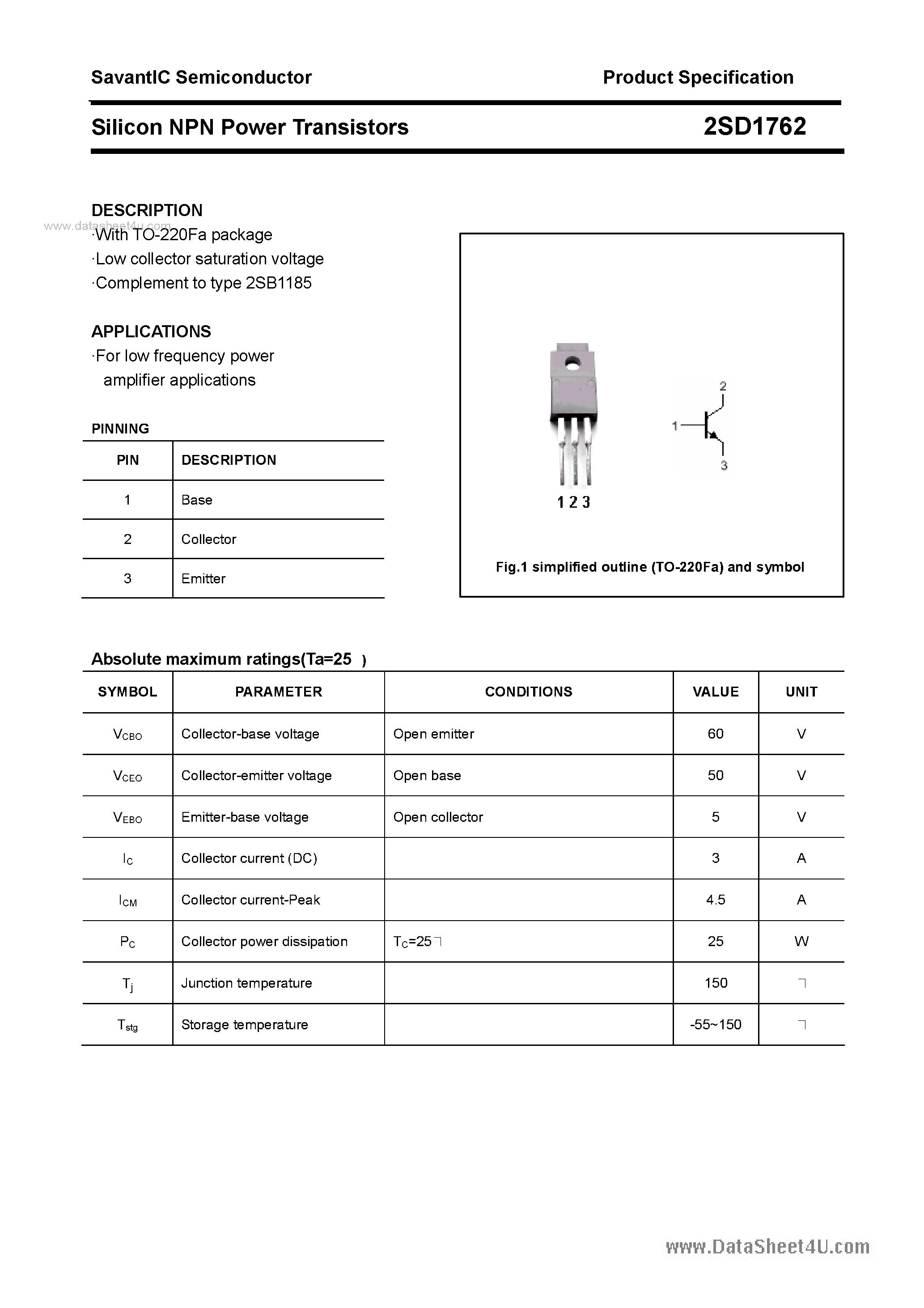 Datasheet 2SD1762 - SILICON POWER TRANSISTOR page 1