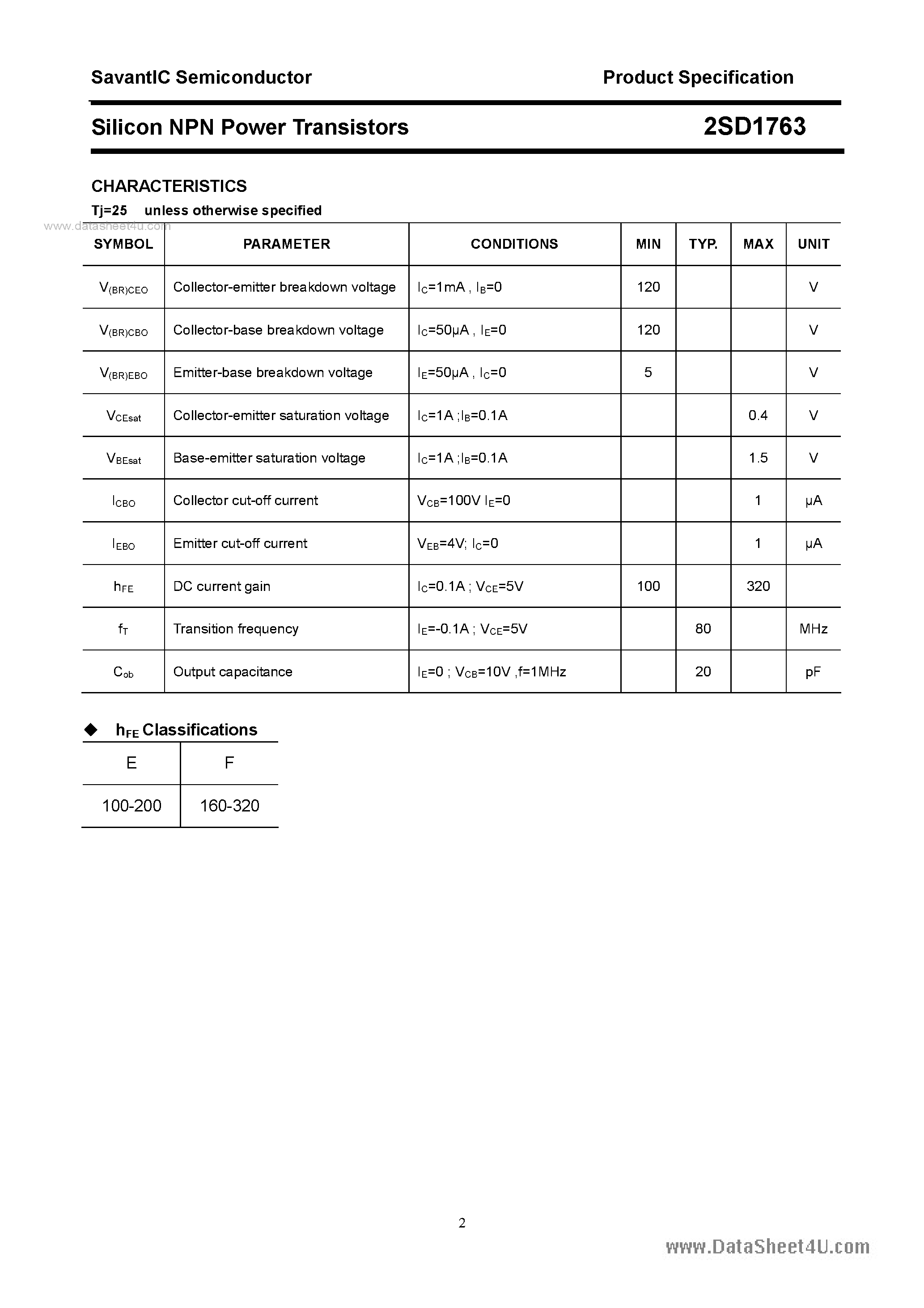 Datasheet 2SD1763 page 2 Datasheet 2SD1763 - SILICON POWER TRANSISTOR page 2