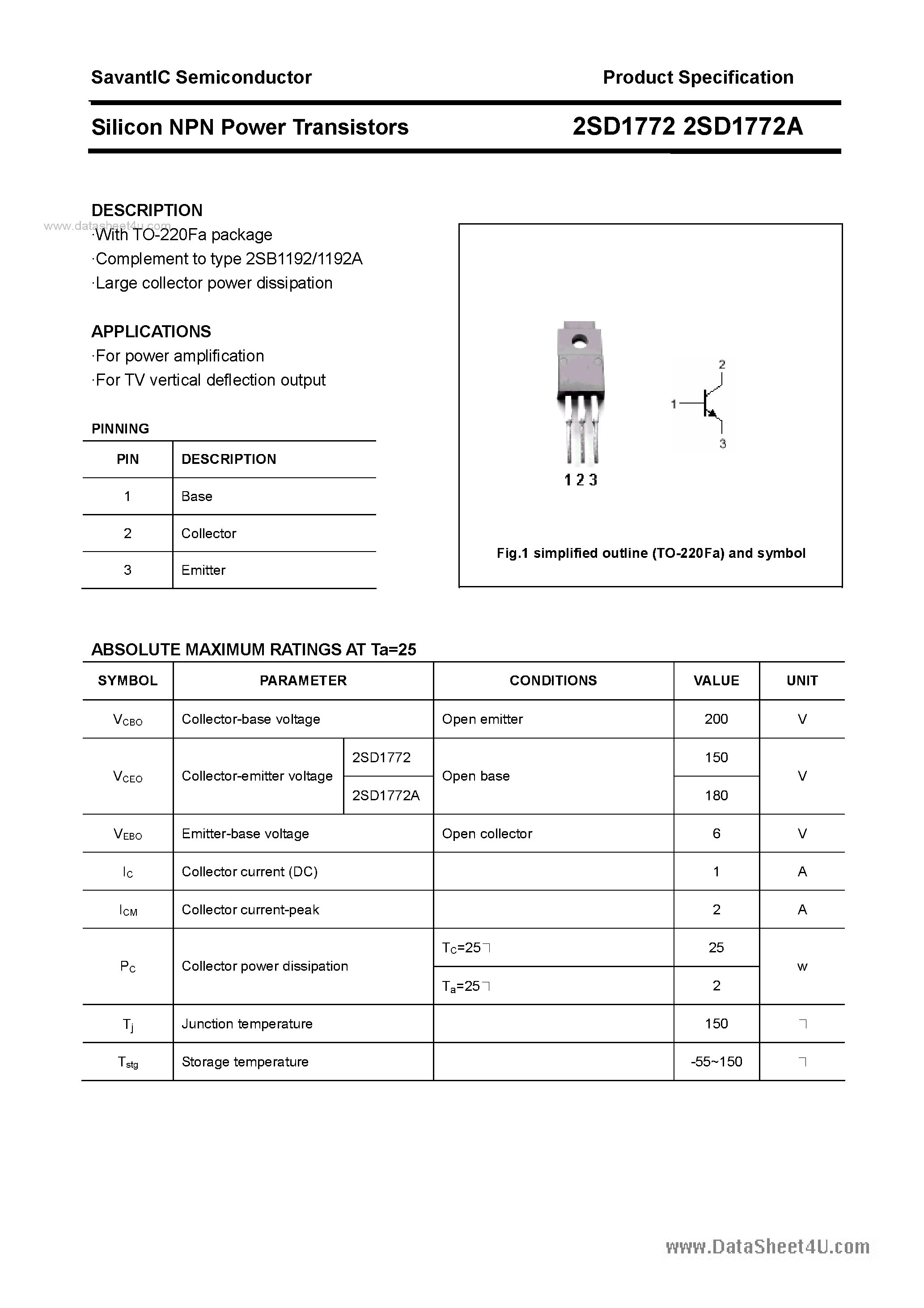 Datasheet 2SD1772 - SILICON POWER TRANSISTOR page 1