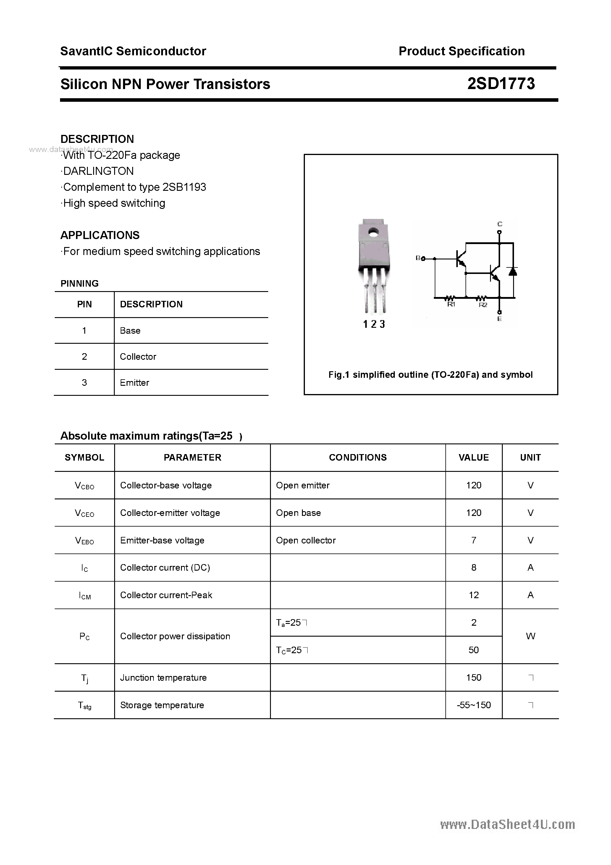 Datasheet 2SD1773 - SILICON POWER TRANSISTOR page 1
