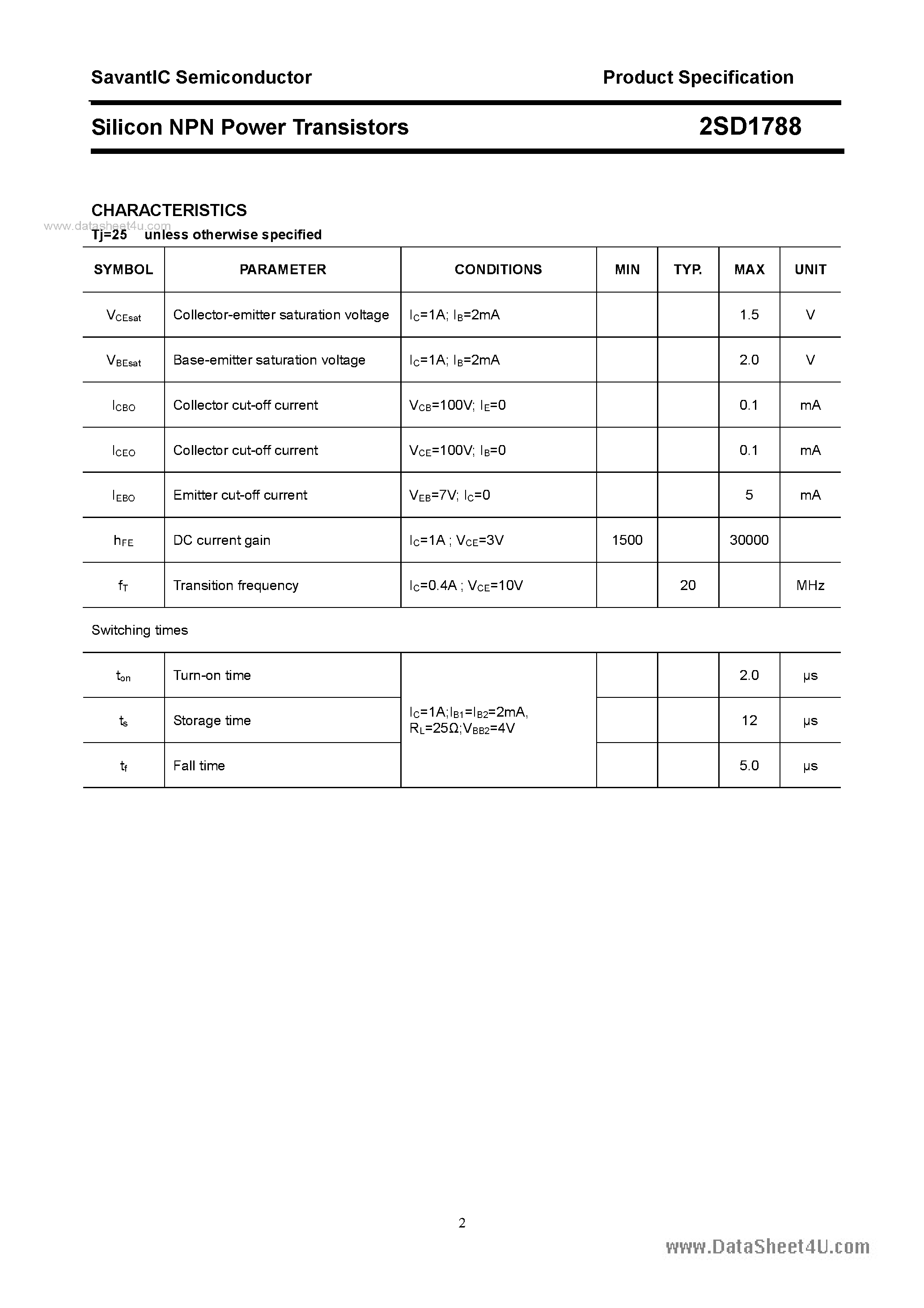 Datasheet 2SD1788 page 2 Datasheet 2SD1788 - SILICON POWER TRANSISTOR page 2
