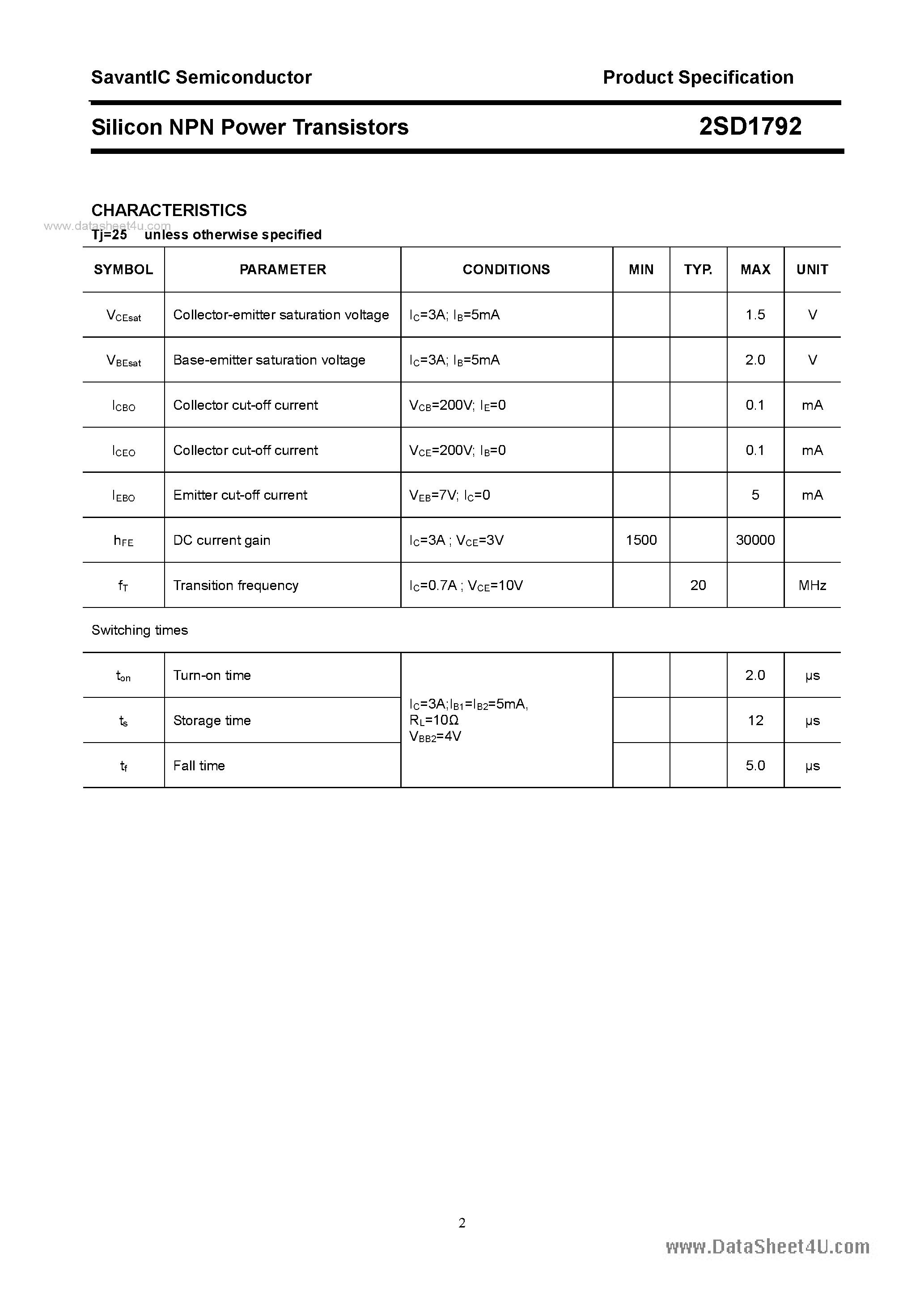 Datasheet 2SD1792 - SILICON POWER TRANSISTOR page 2