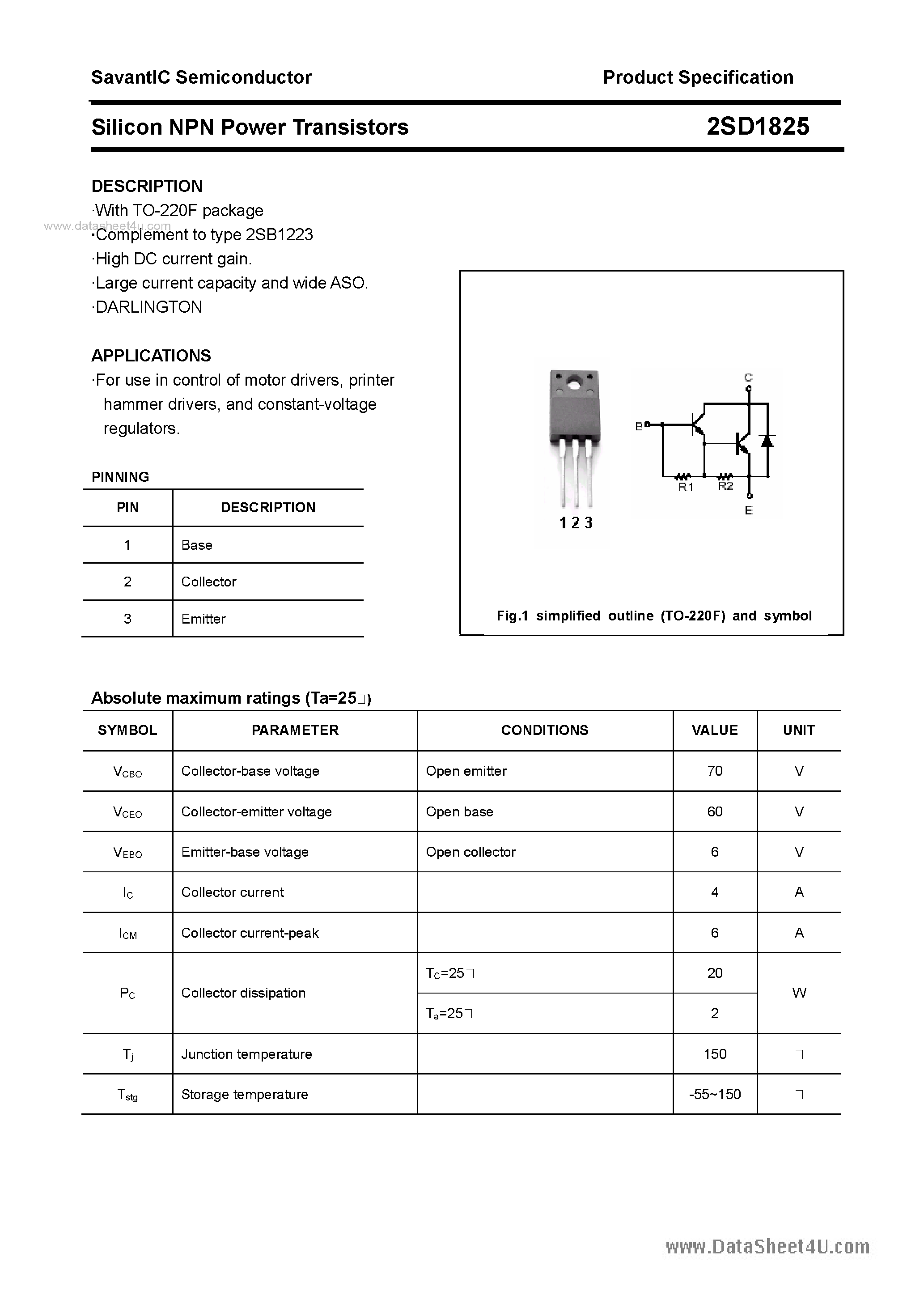Datasheet 2SD1825 page 1 Datasheet 2SD1825 - SILICON POWER TRANSISTOR page 1