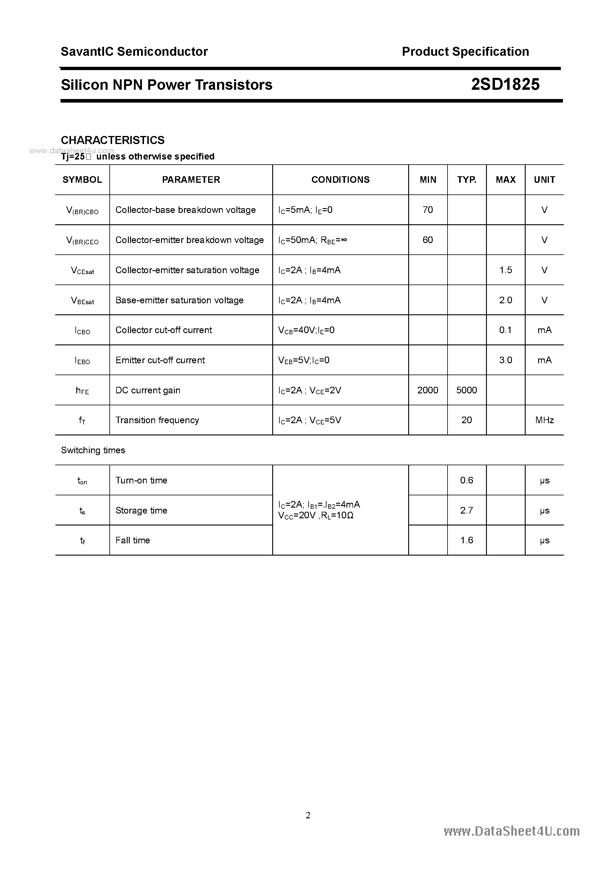 Datasheet 2SD1825 page 2 Datasheet 2SD1825 - SILICON POWER TRANSISTOR page 2