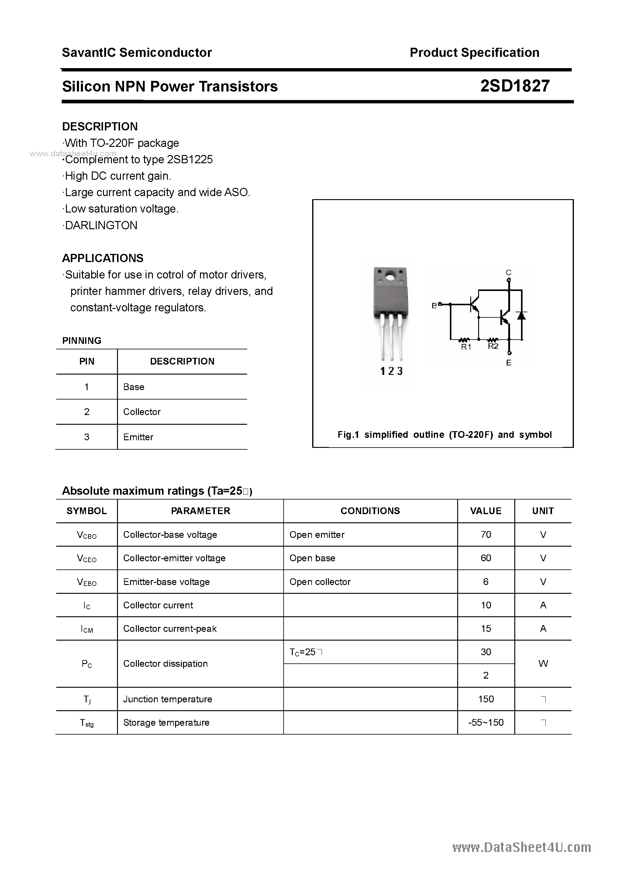 Datasheet 2SD1827 - SILICON POWER TRANSISTOR page 1