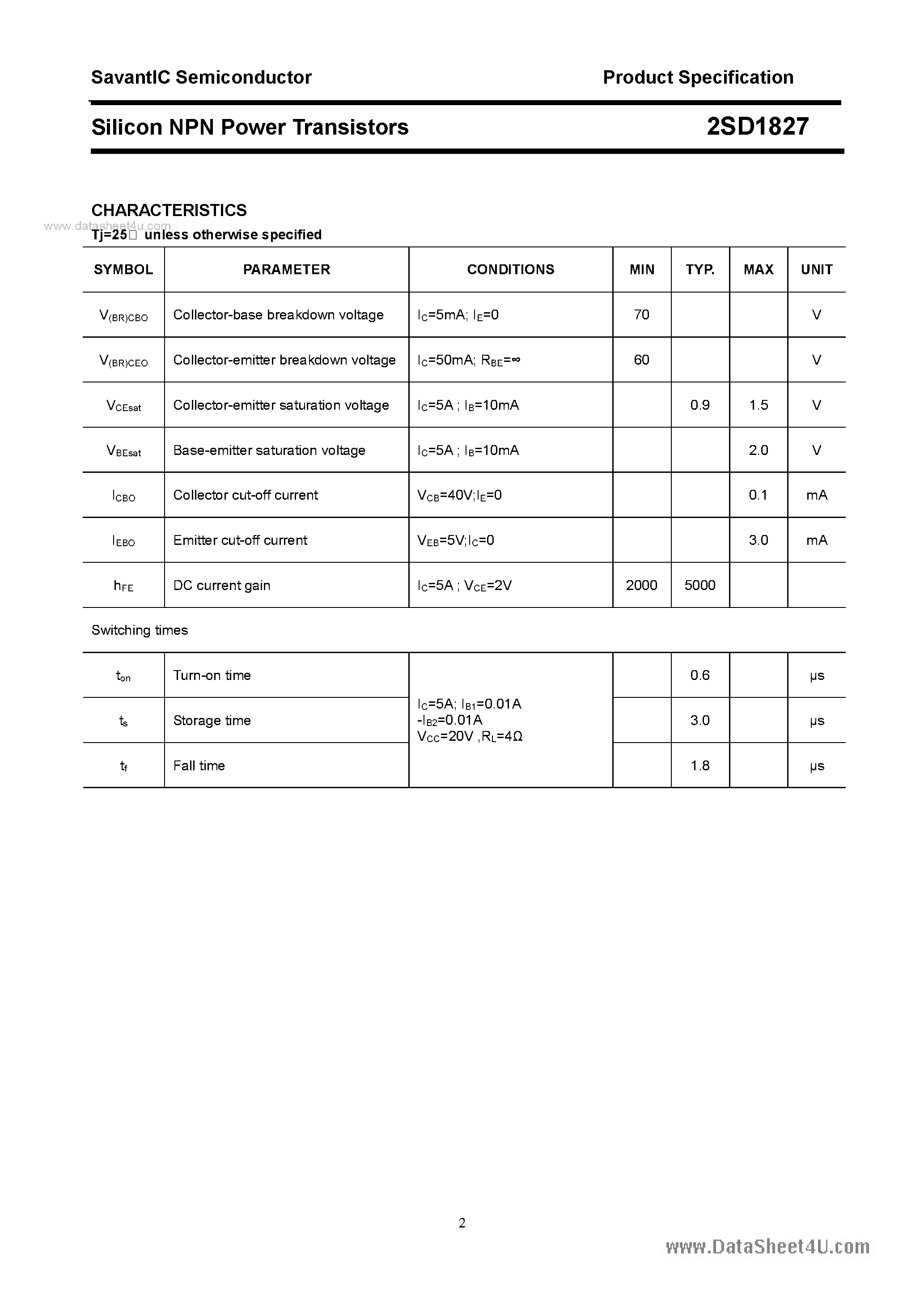 Datasheet 2SD1827 - SILICON POWER TRANSISTOR page 2