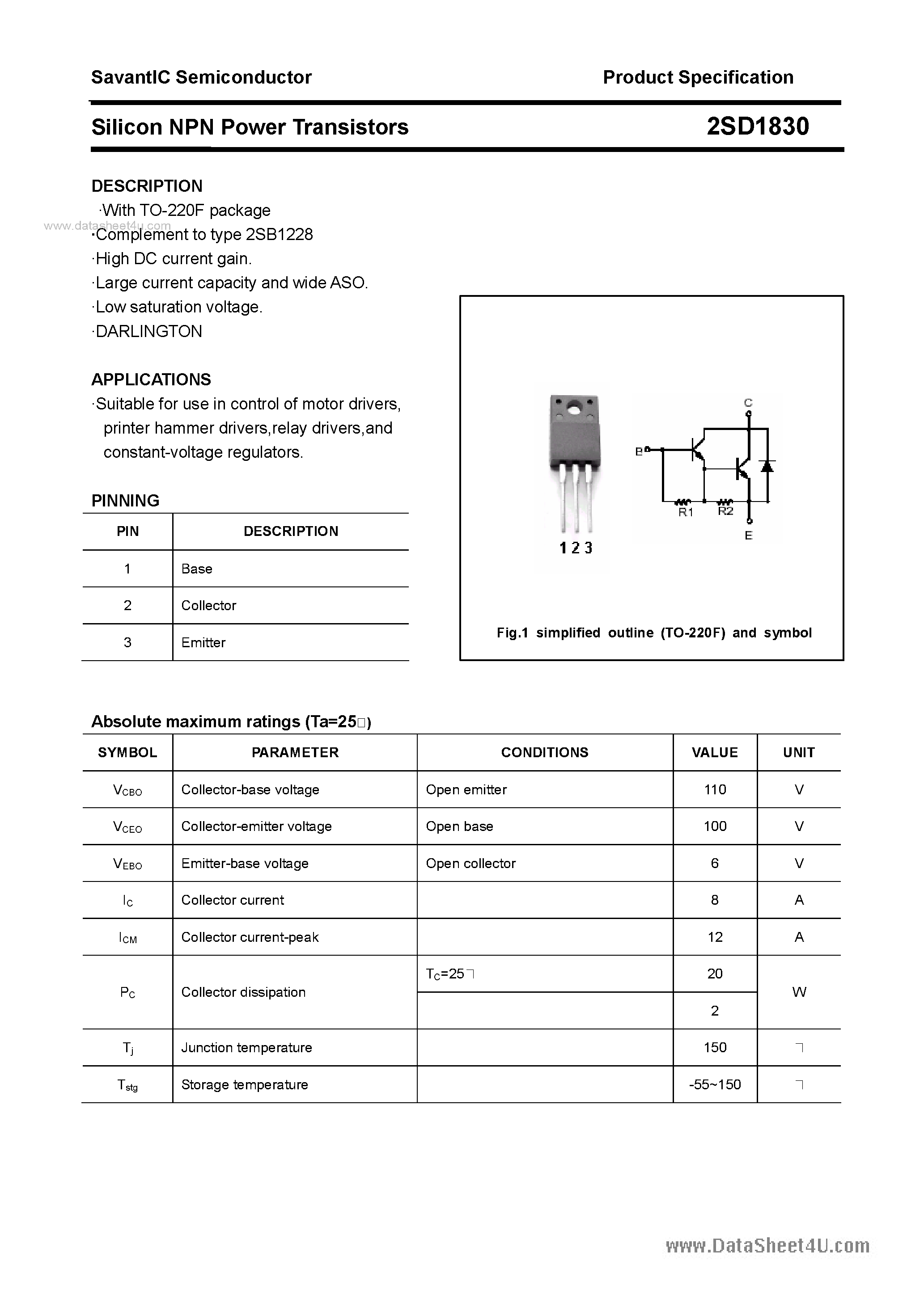 Datasheet 2SD1830 page 1 Datasheet 2SD1830 - SILICON POWER TRANSISTOR page 1