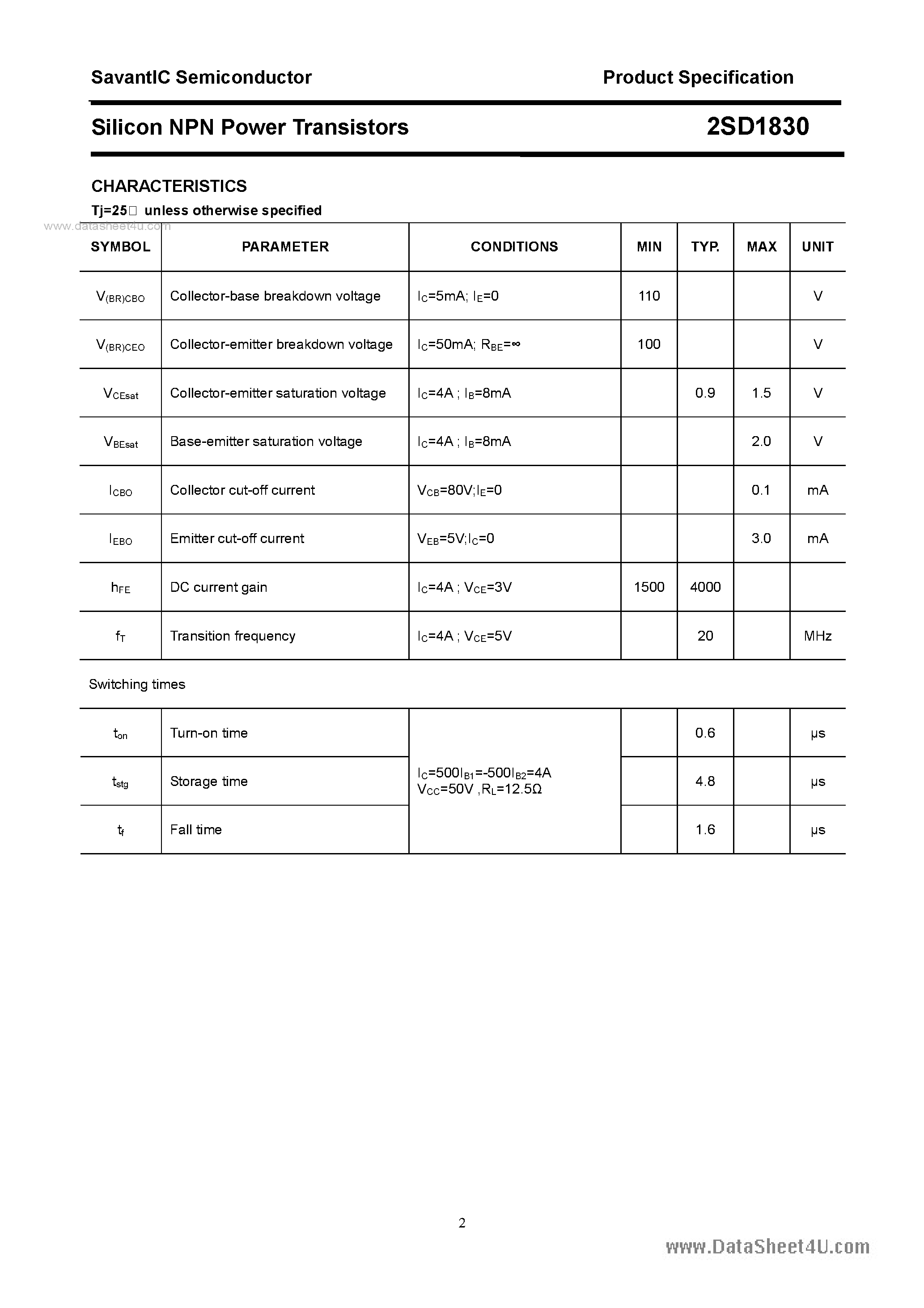 Datasheet 2SD1830 page 2 Datasheet 2SD1830 - SILICON POWER TRANSISTOR page 2