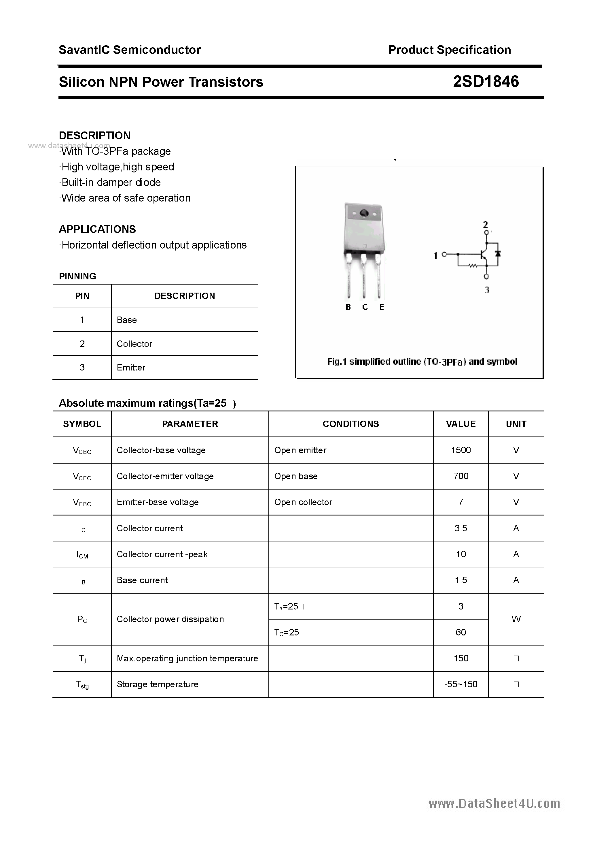 Datasheet 2SD1846 - SILICON POWER TRANSISTOR page 1