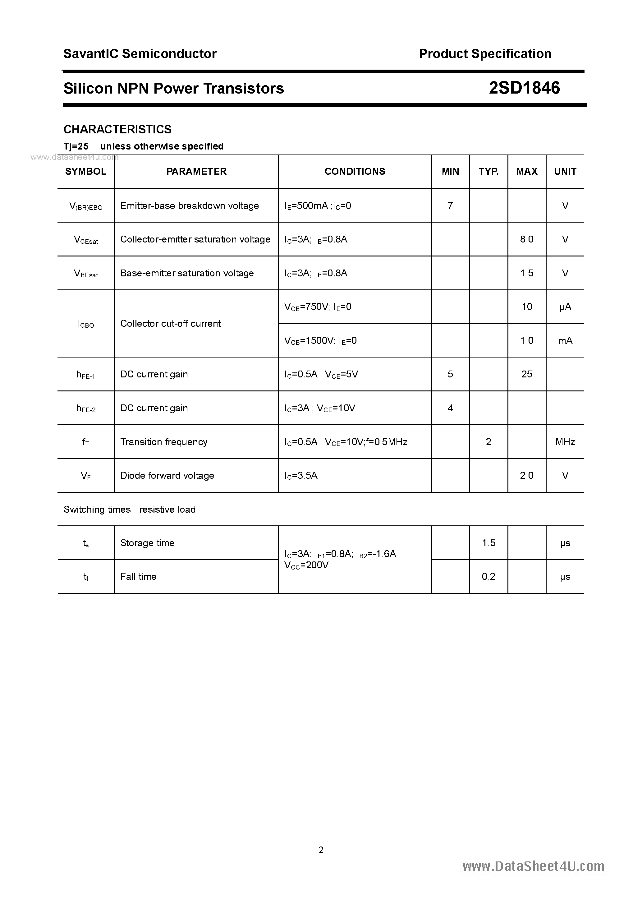 Datasheet 2SD1846 - SILICON POWER TRANSISTOR page 2