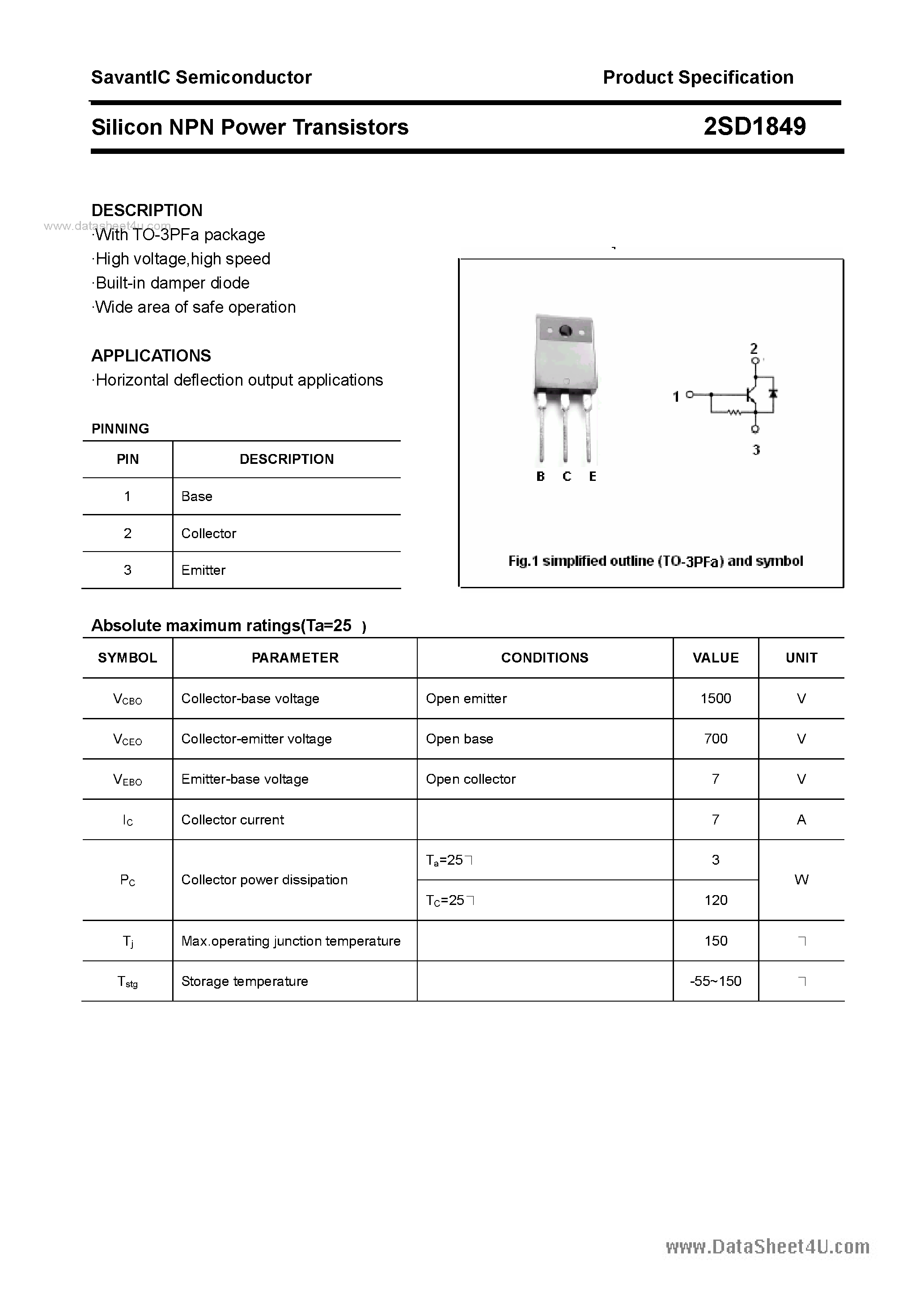 Datasheet 2SD1849 - SILICON POWER TRANSISTOR page 1