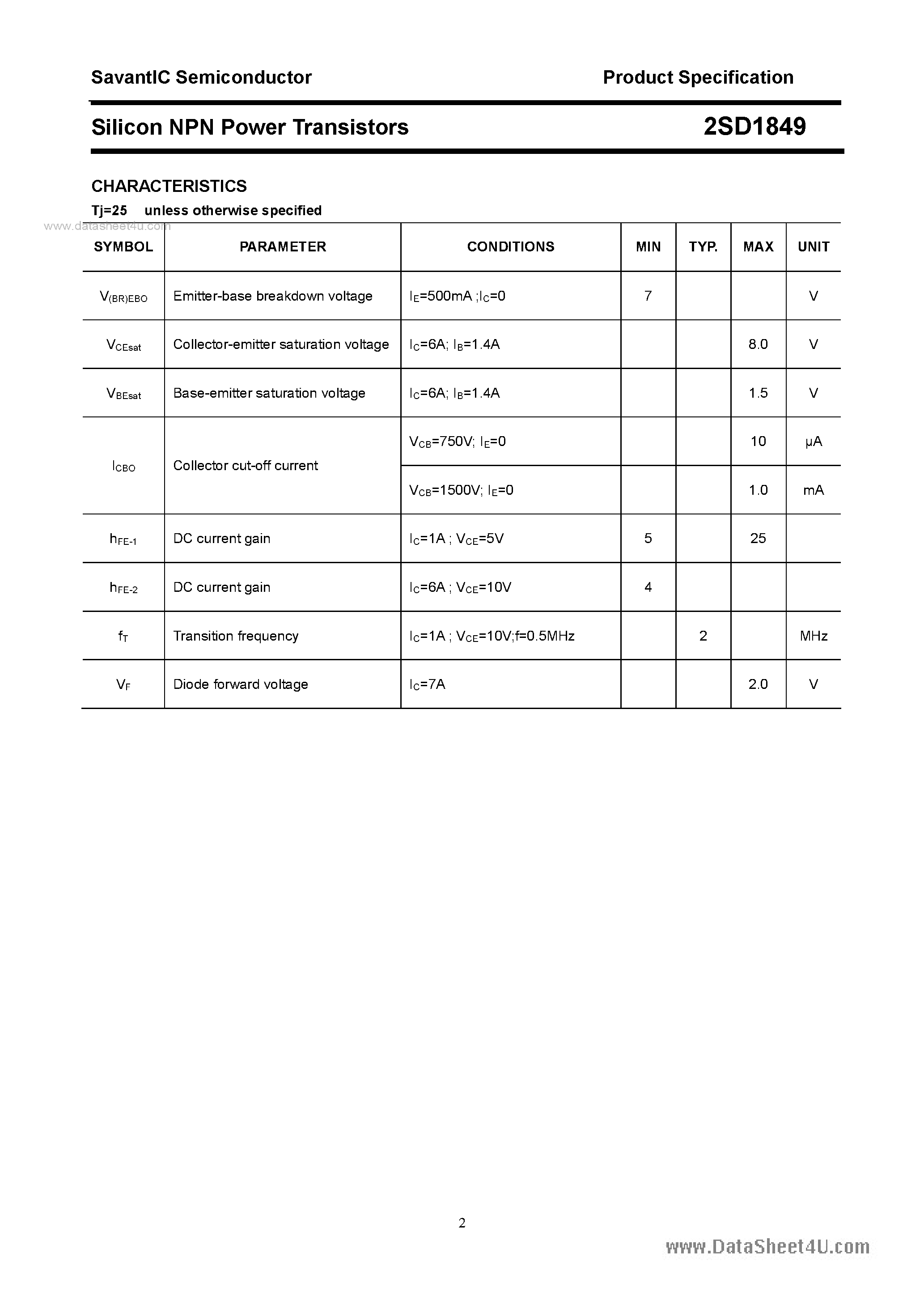 Datasheet 2SD1849 - SILICON POWER TRANSISTOR page 2