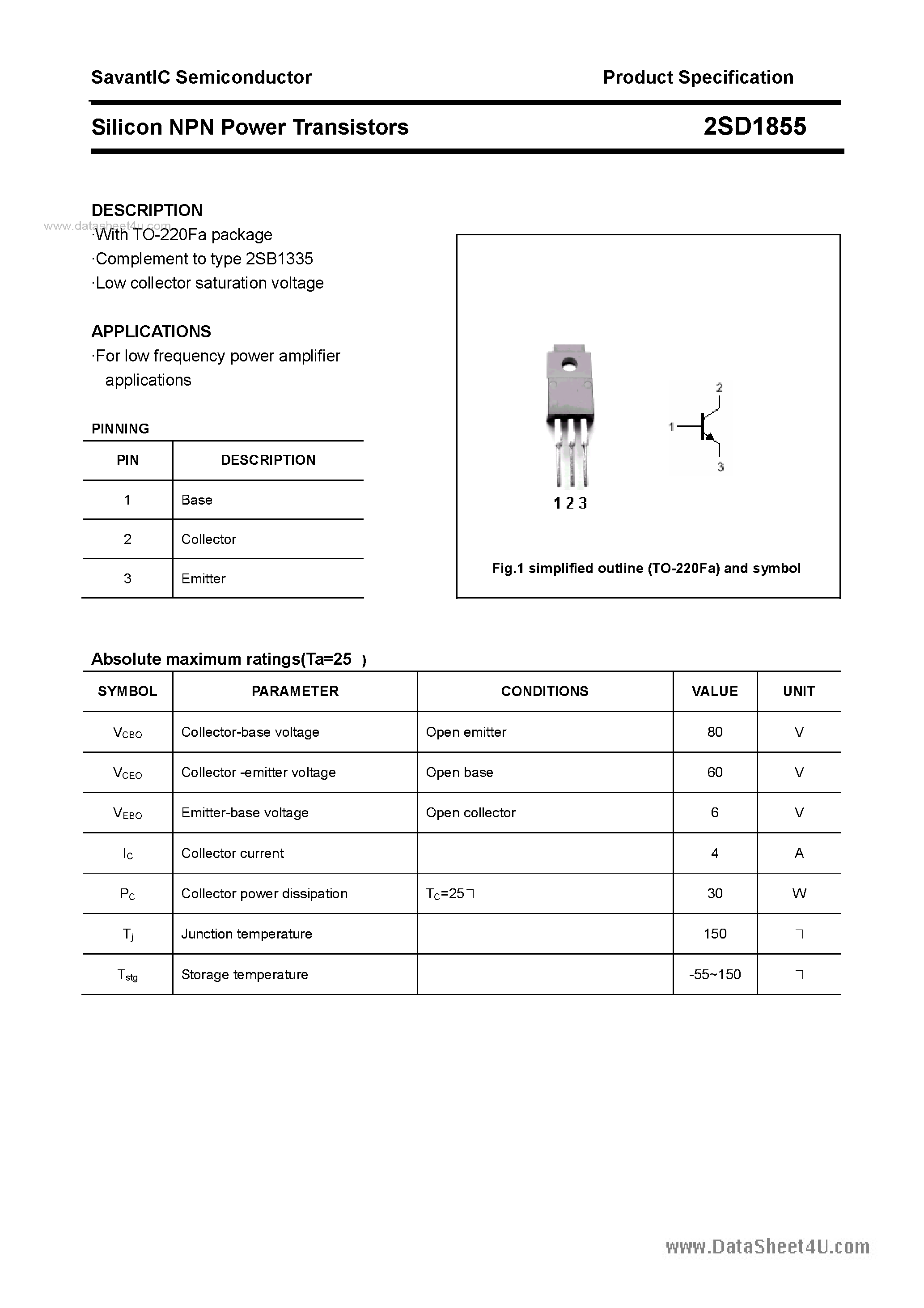 Datasheet 2SD1855 page 1 Datasheet 2SD1855 - SILICON POWER TRANSISTOR page 1