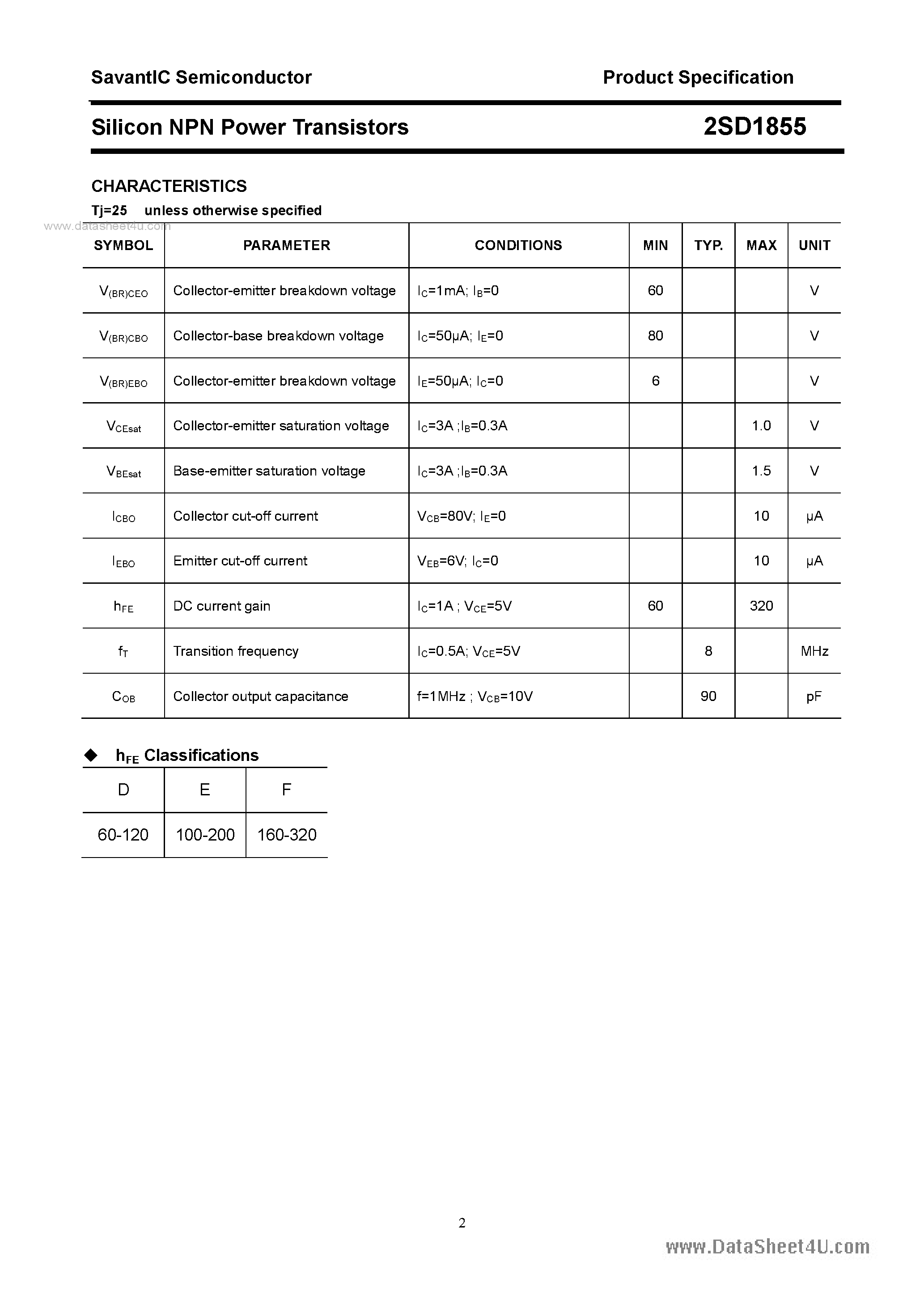 Datasheet 2SD1855 page 2 Datasheet 2SD1855 - SILICON POWER TRANSISTOR page 2
