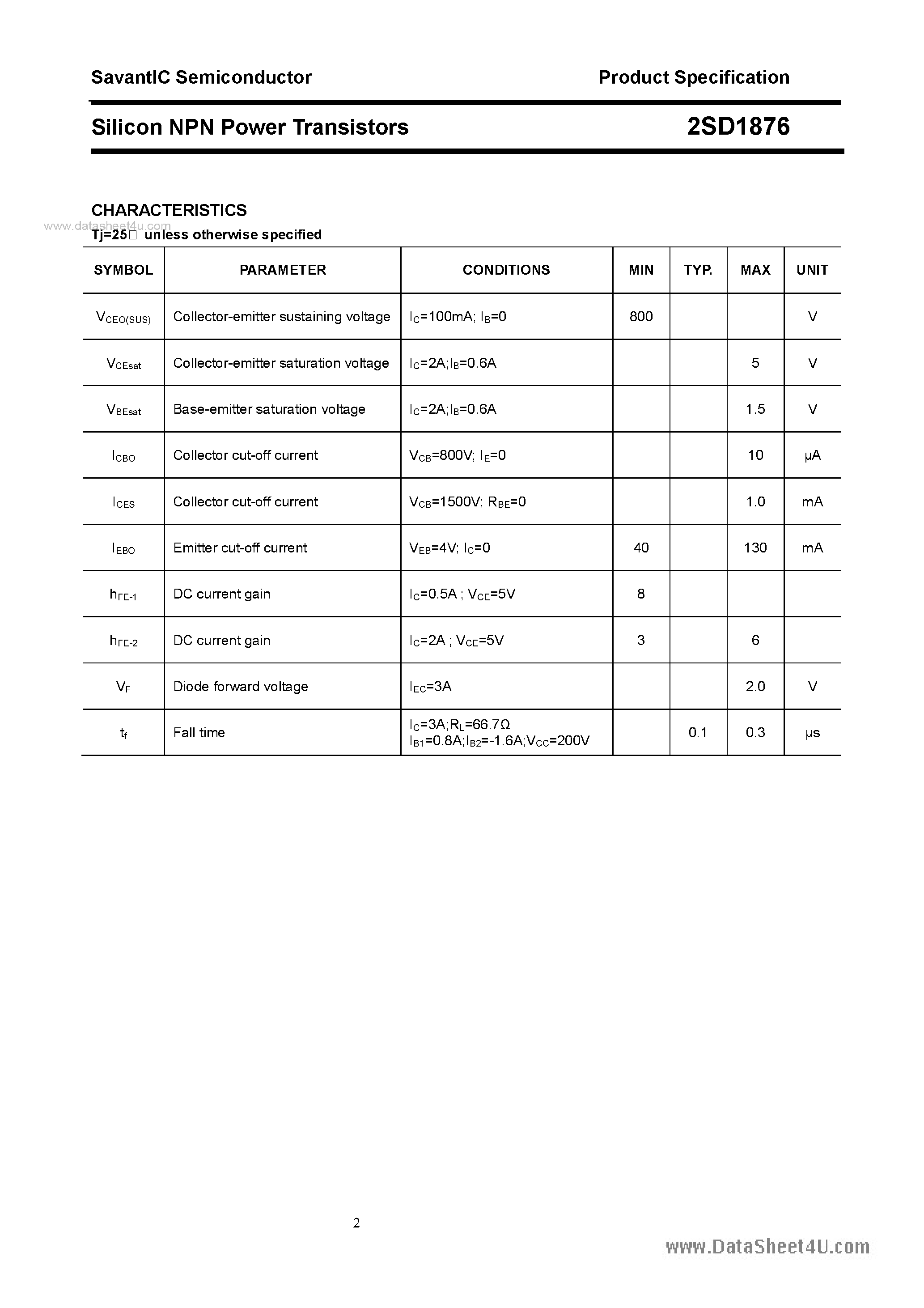 Datasheet 2SD1876 page 2 Datasheet 2SD1876 - SILICON POWER TRANSISTOR page 2