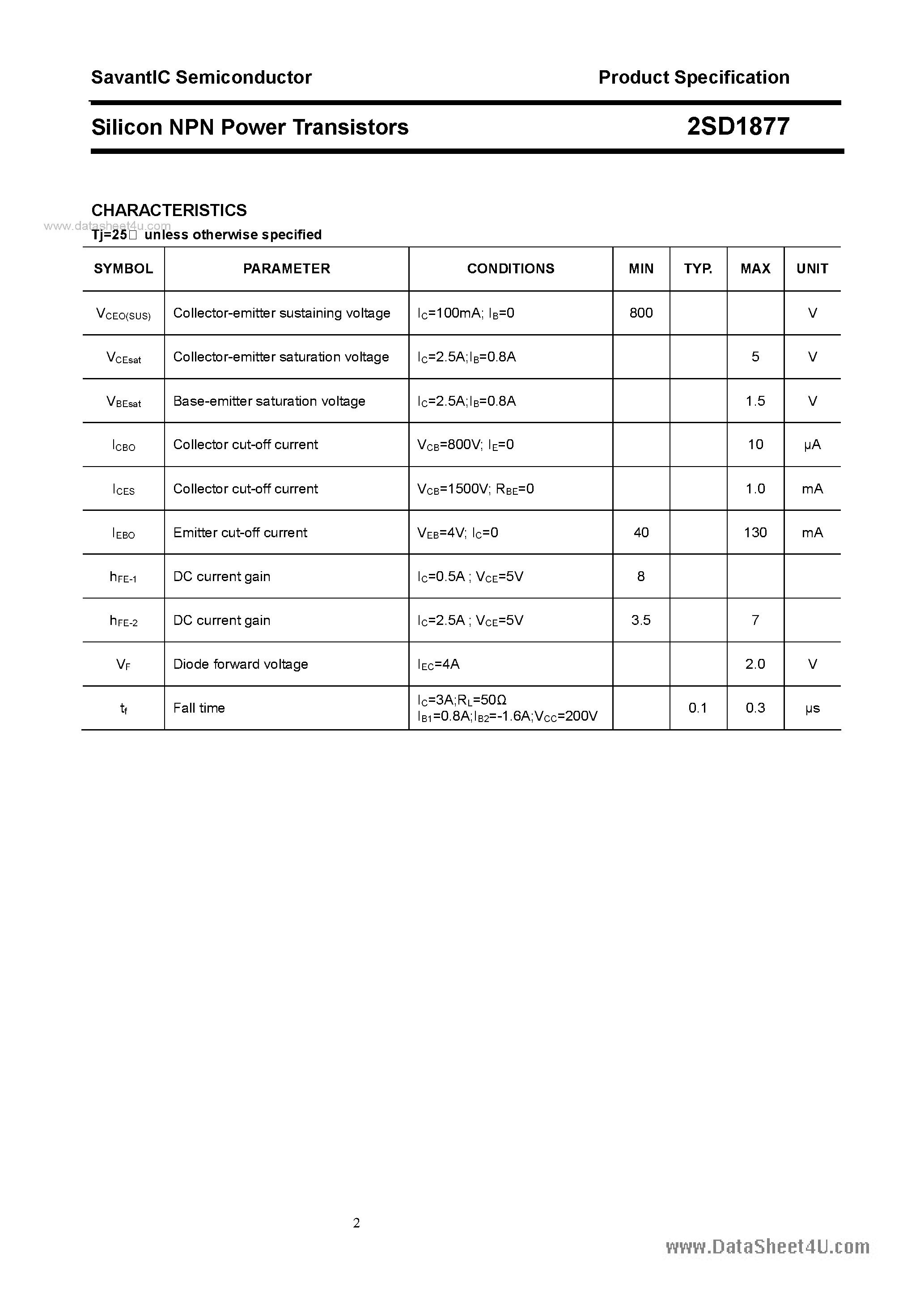 Datasheet 2SD1877 page 2 Datasheet 2SD1877 - SILICON POWER TRANSISTOR page 2