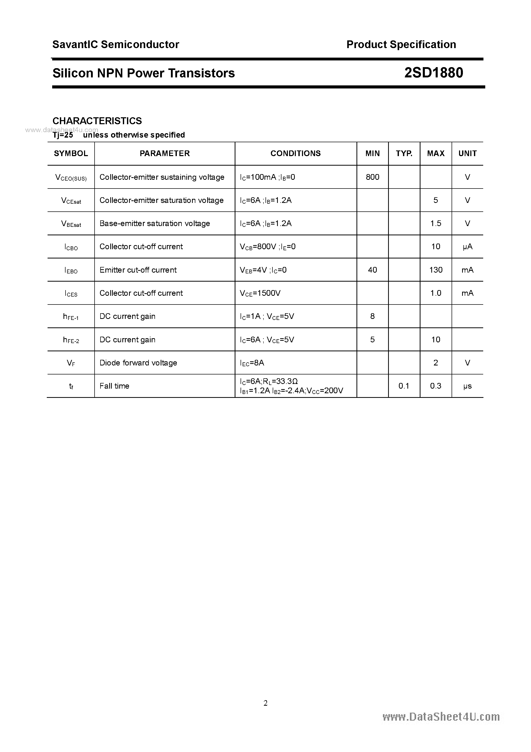 Datasheet 2SD1880 page 2 Datasheet 2SD1880 - SILICON POWER TRANSISTOR page 2