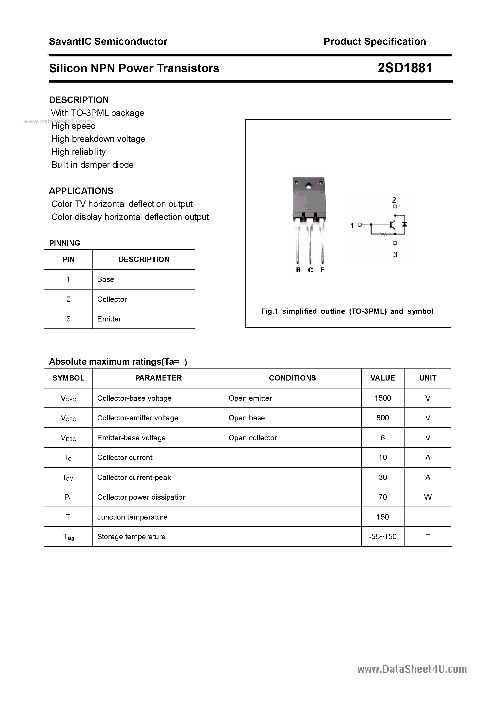 Datasheet 2SD1881 - SILICON POWER TRANSISTOR page 1