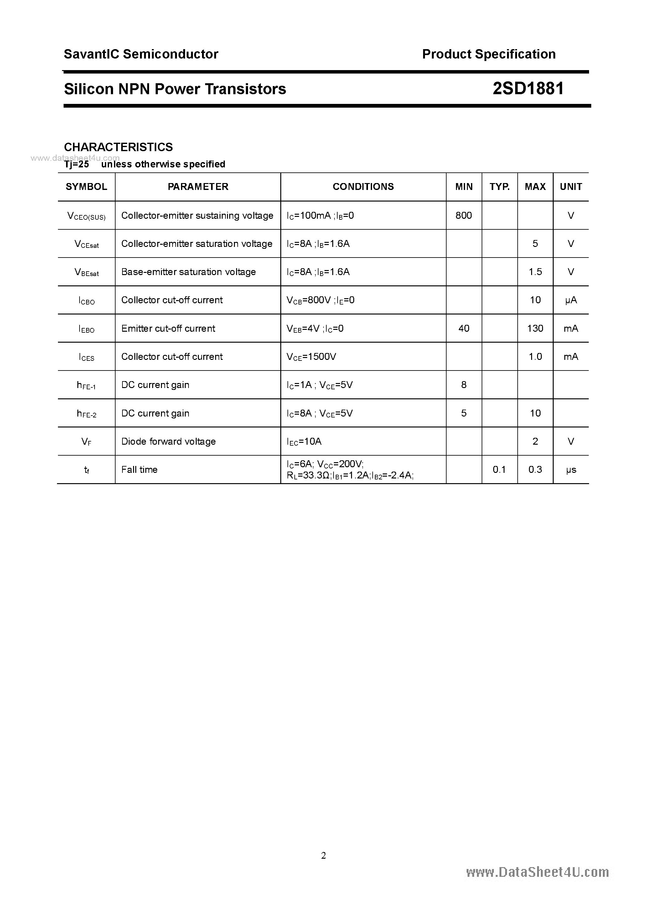 Datasheet 2SD1881 - SILICON POWER TRANSISTOR page 2