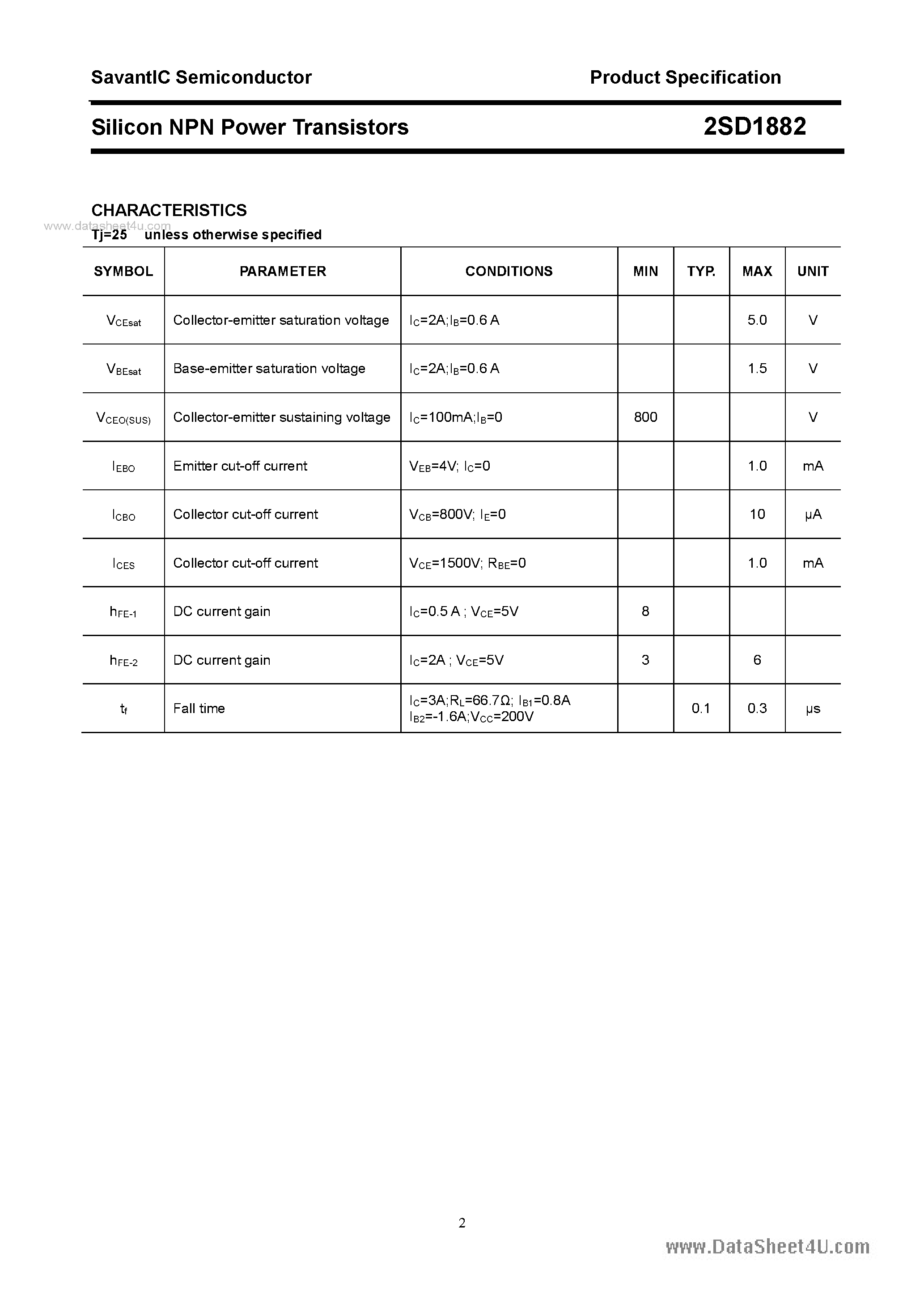 Datasheet 2SD1882 page 2 Datasheet 2SD1882 - SILICON POWER TRANSISTOR page 2