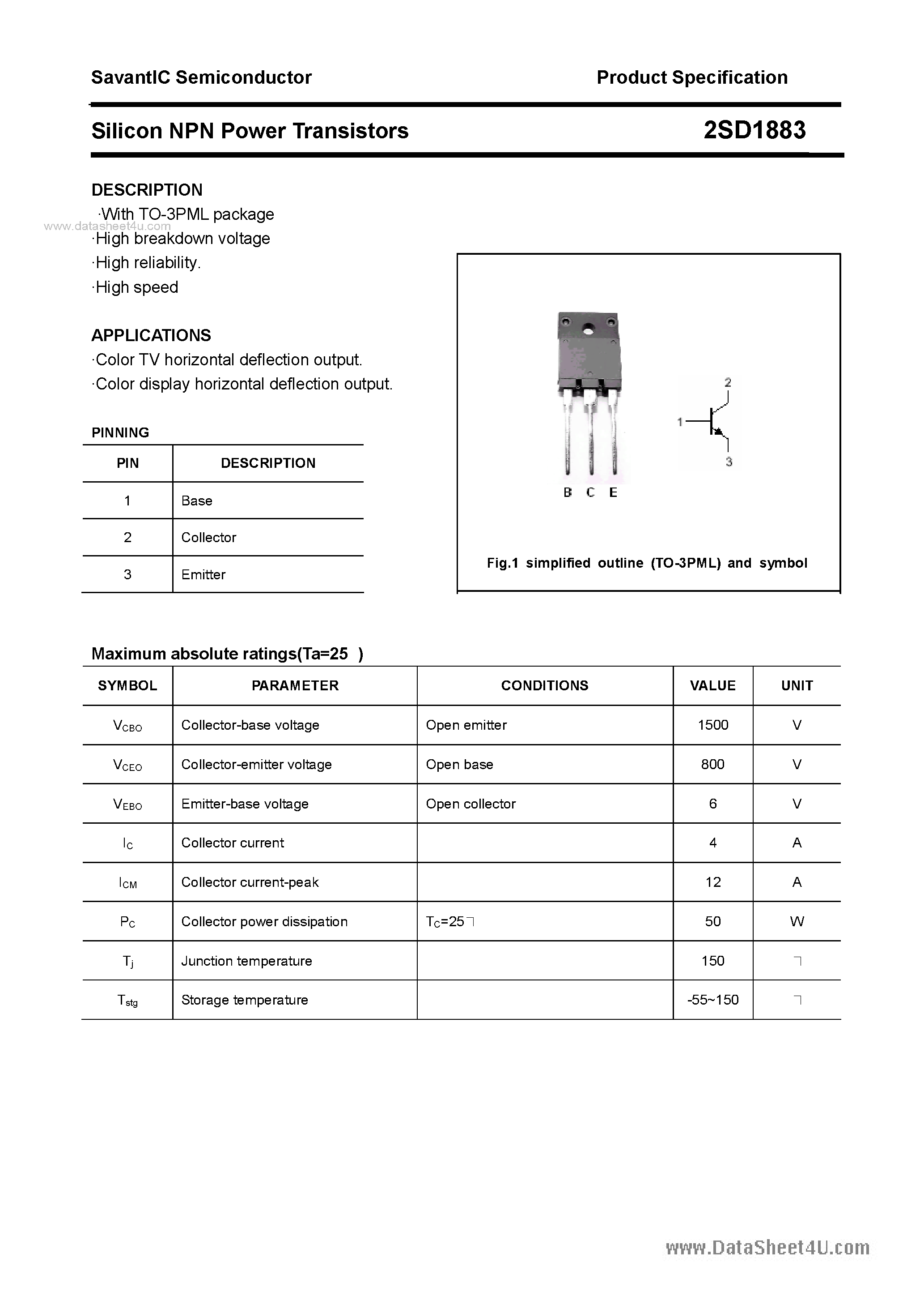 Datasheet 2SD1883 page 1 Datasheet 2SD1883 - SILICON POWER TRANSISTOR page 1