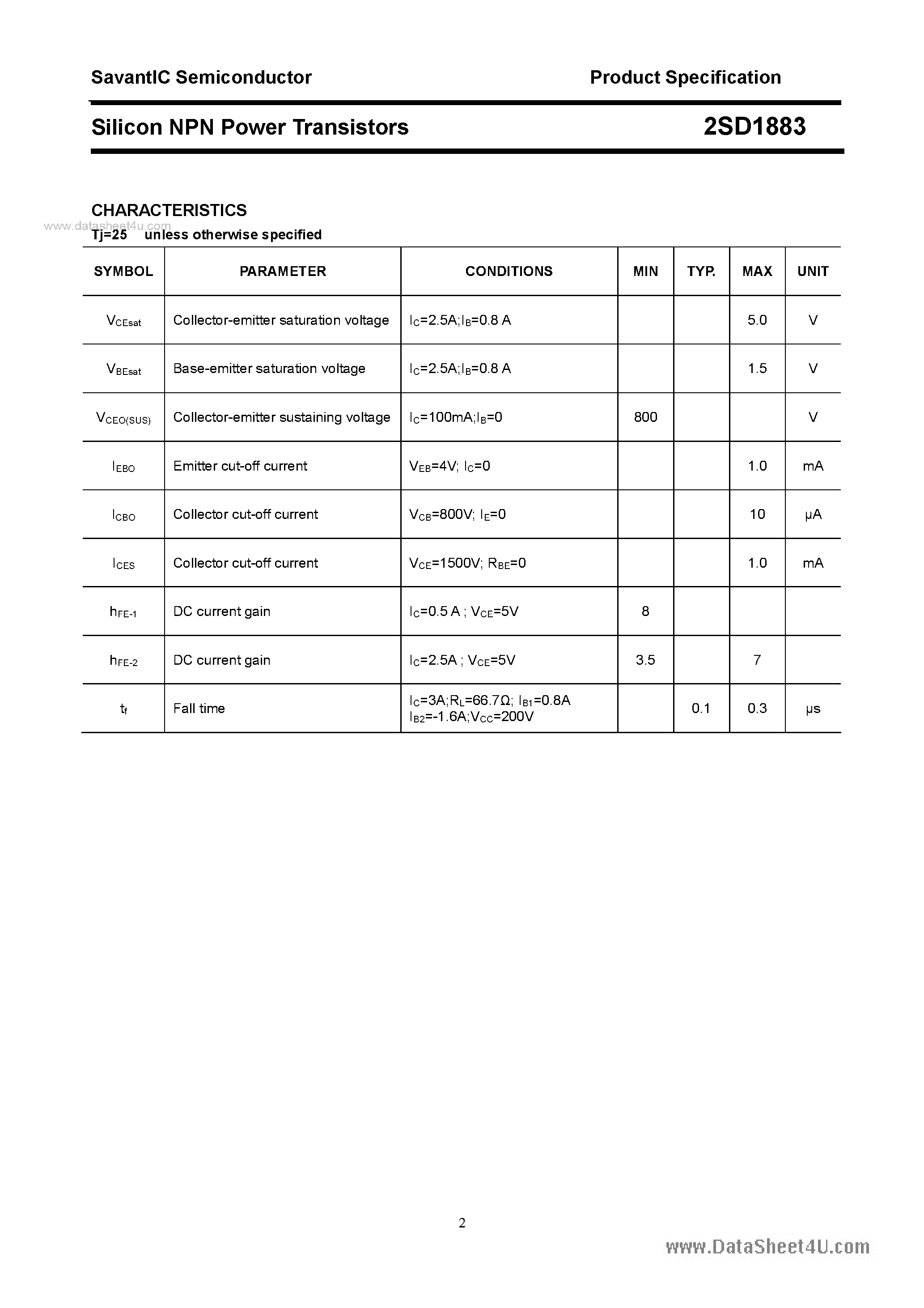 Datasheet 2SD1883 page 2 Datasheet 2SD1883 - SILICON POWER TRANSISTOR page 2
