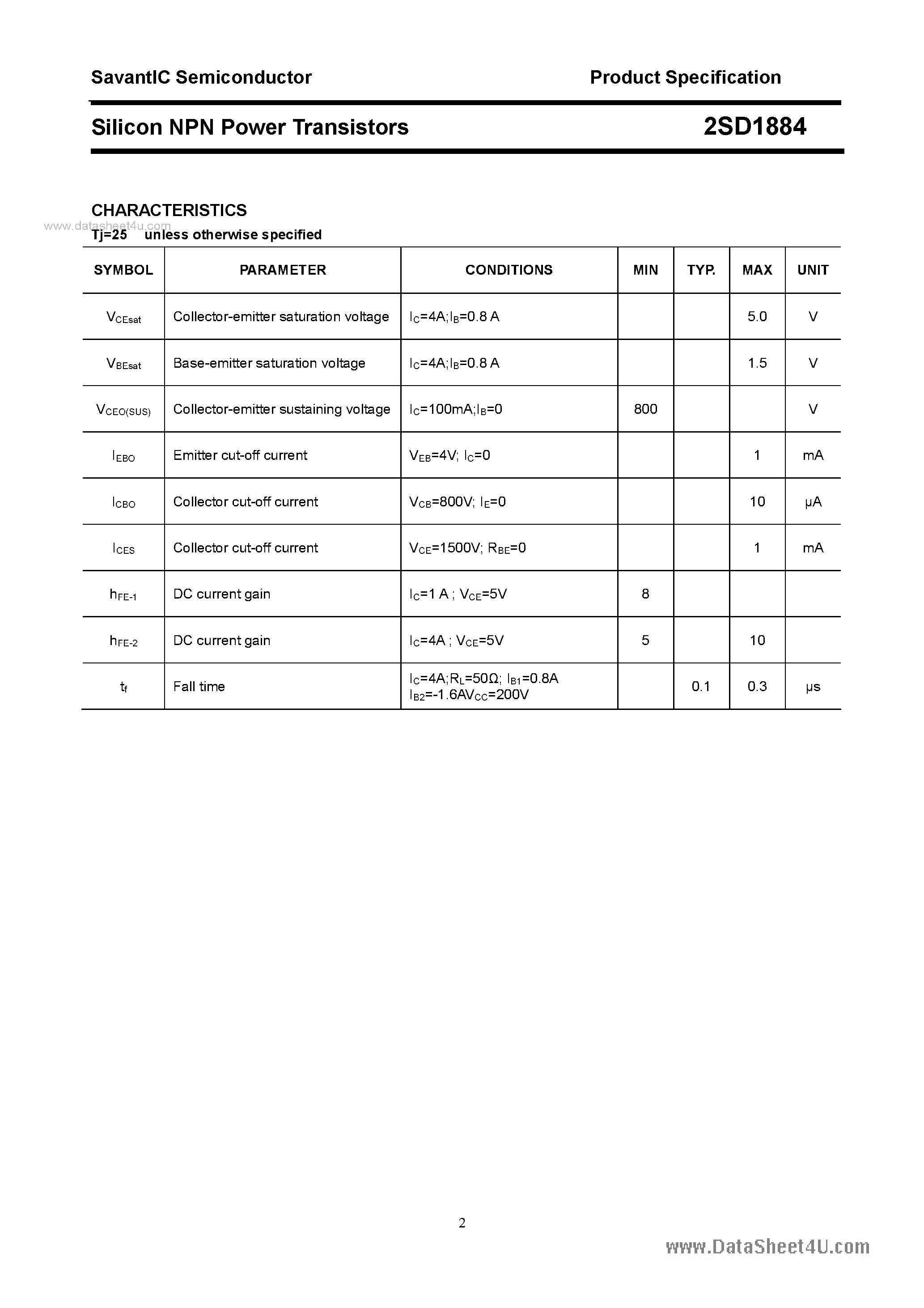 Datasheet 2SD1884 - SILICON POWER TRANSISTOR page 2