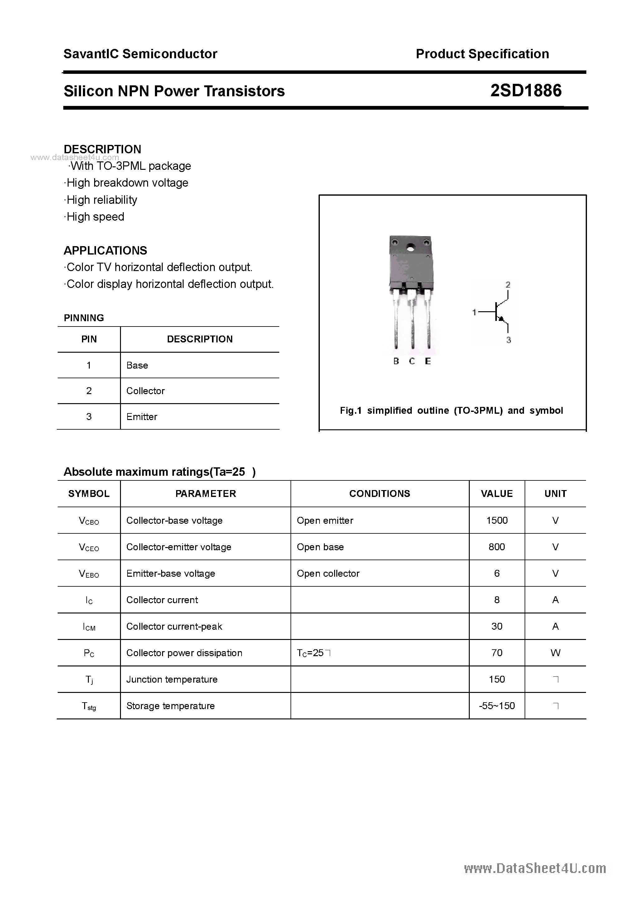 Datasheet 2SD1886 - SILICON POWER TRANSISTOR page 1