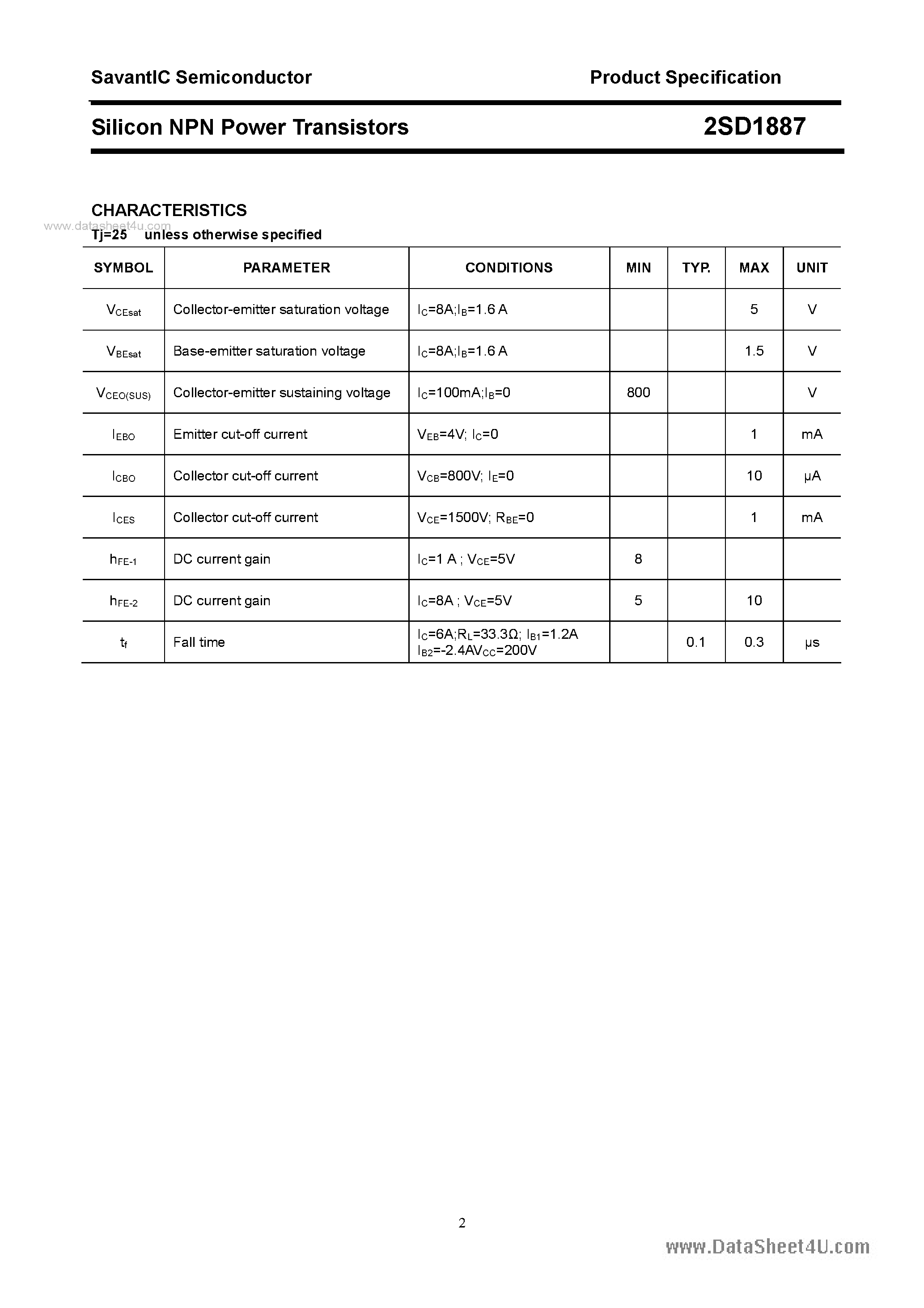 Datasheet 2SD1887 page 2 Datasheet 2SD1887 - SILICON POWER TRANSISTOR page 2