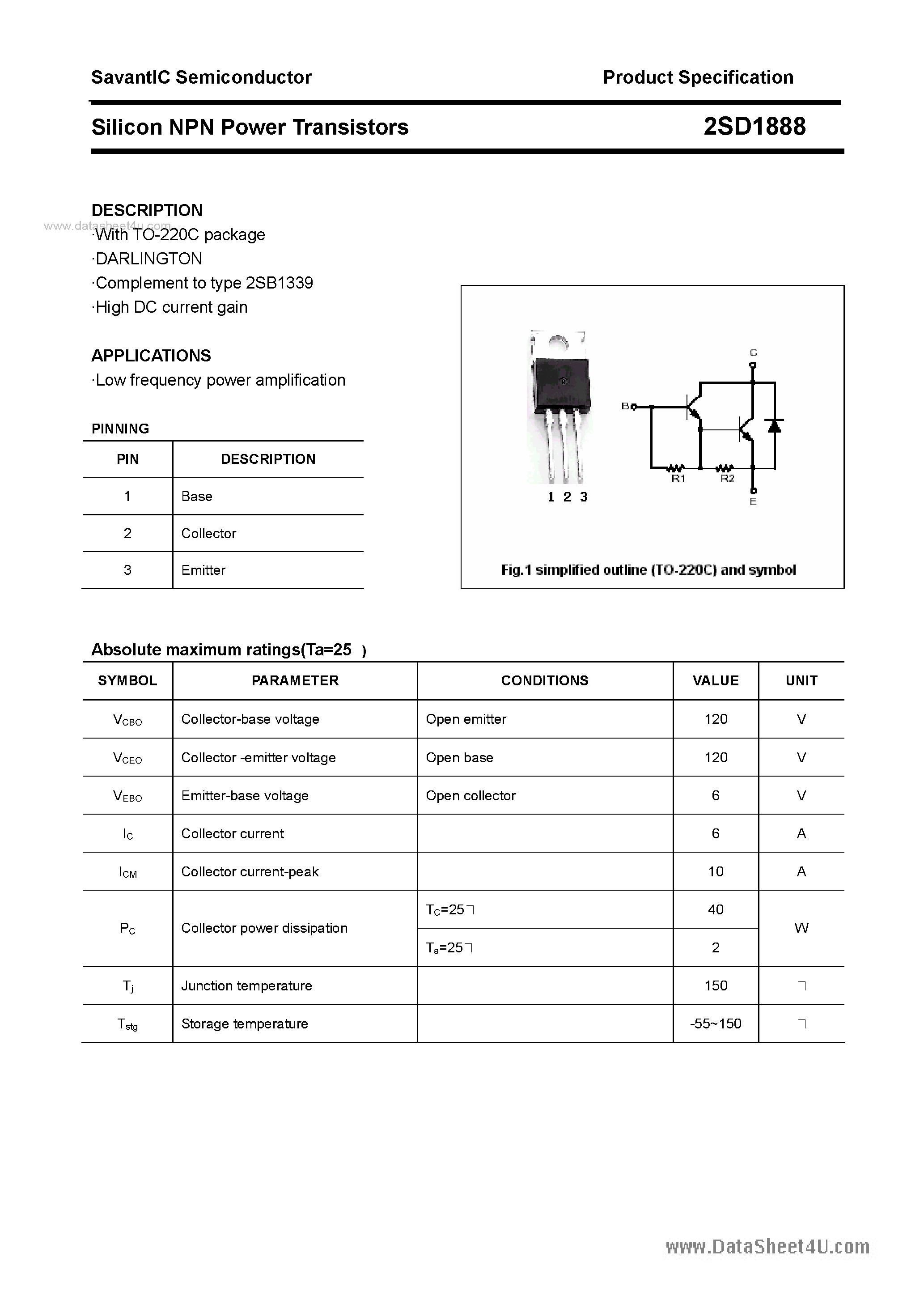 Datasheet 2SD1888 page 1 Datasheet 2SD1888 - SILICON POWER TRANSISTOR page 1