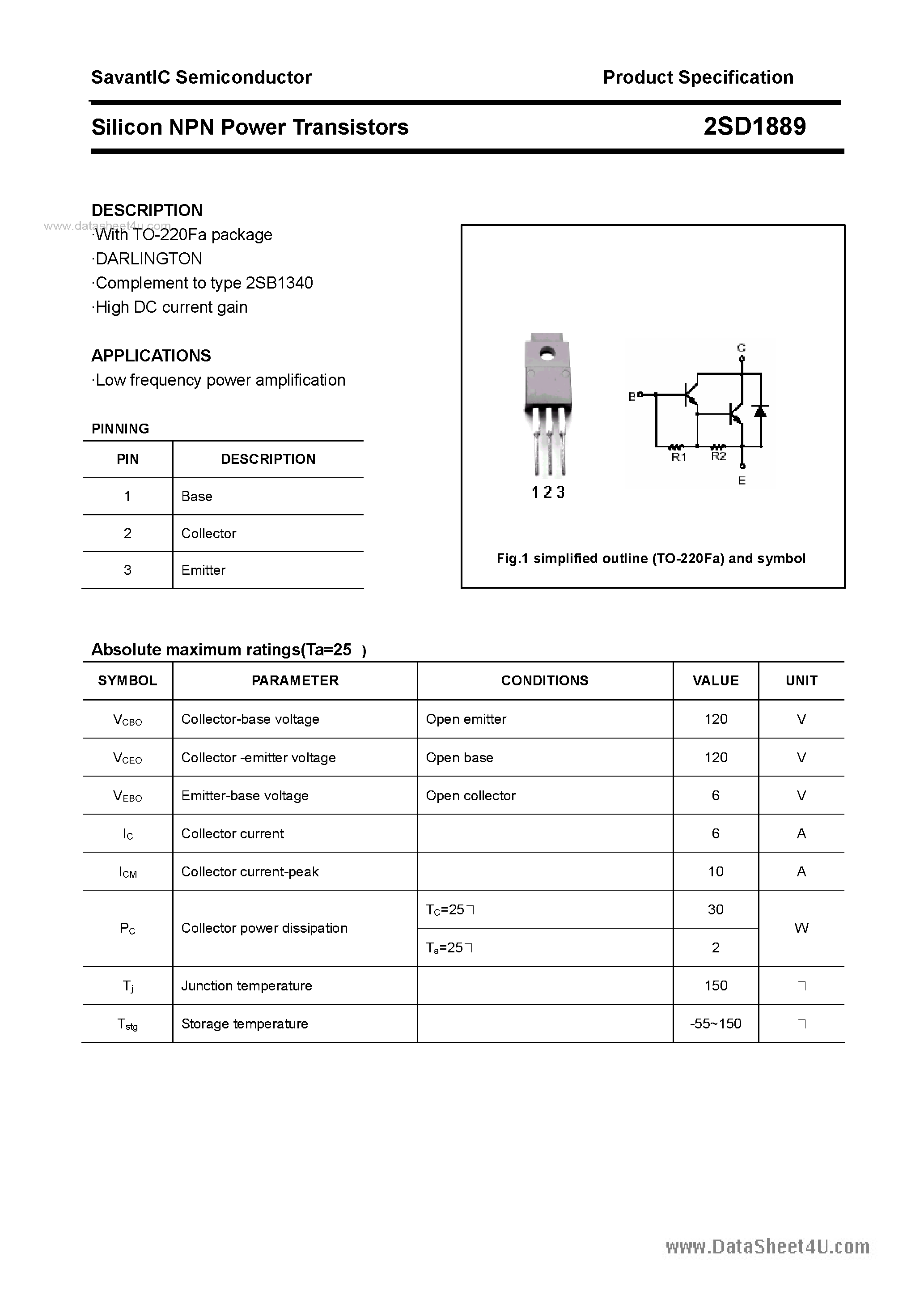 Datasheet 2SD1889 - SILICON POWER TRANSISTOR page 1