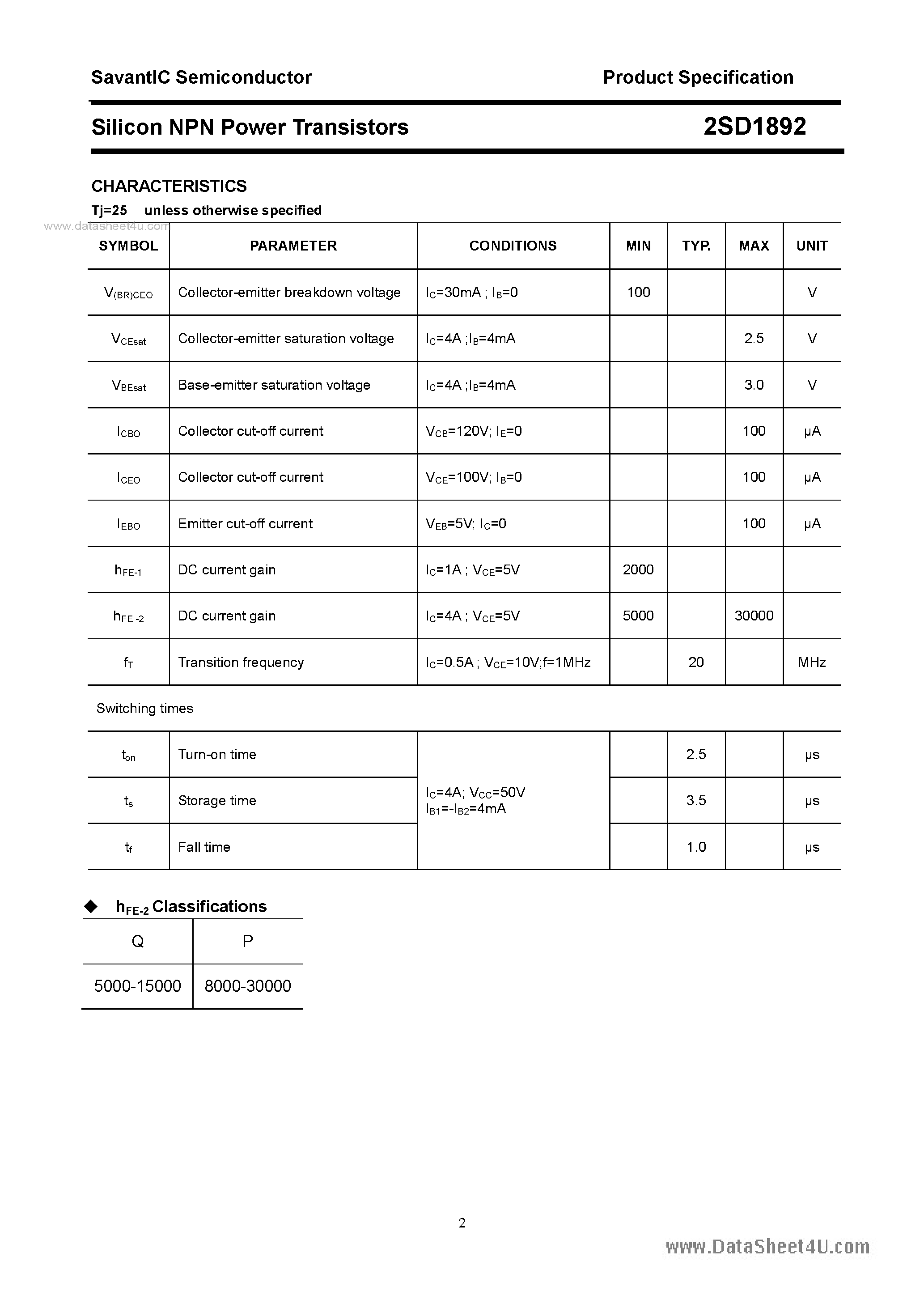 Datasheet 2SD1892 - SILICON POWER TRANSISTOR page 2