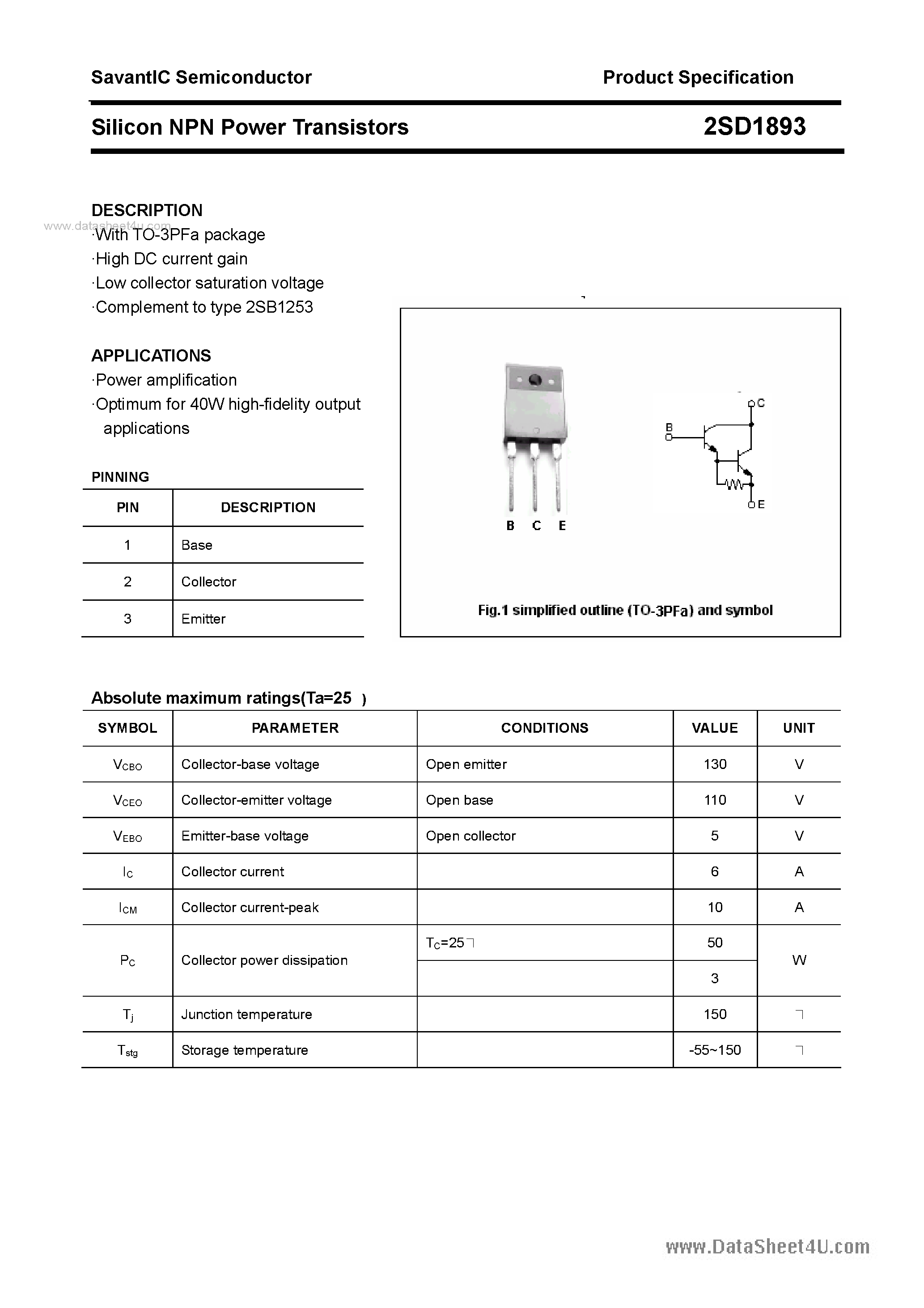 Datasheet 2SD1893 page 1 Datasheet 2SD1893 - SILICON POWER TRANSISTOR page 1