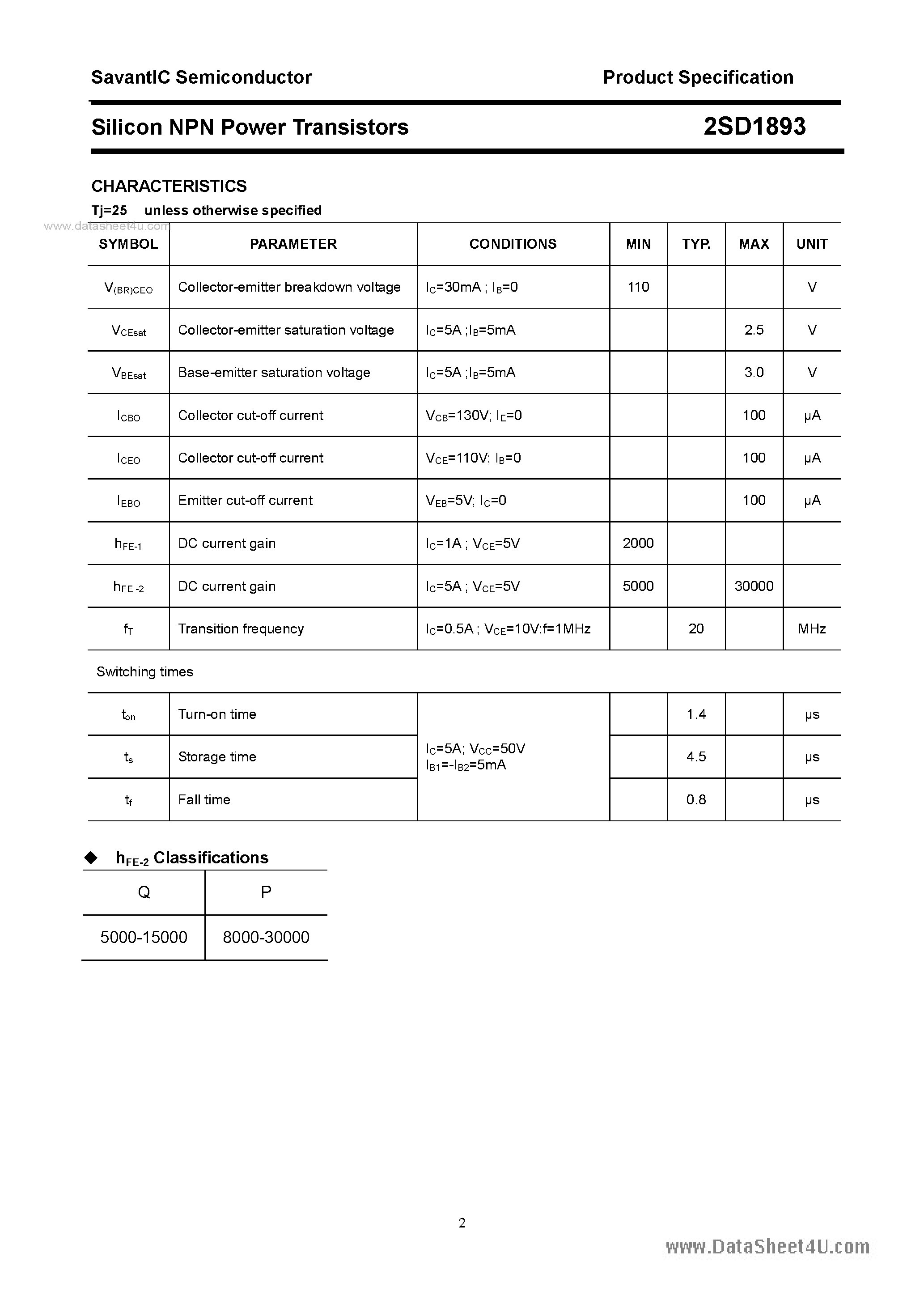 Datasheet 2SD1893 page 2 Datasheet 2SD1893 - SILICON POWER TRANSISTOR page 2