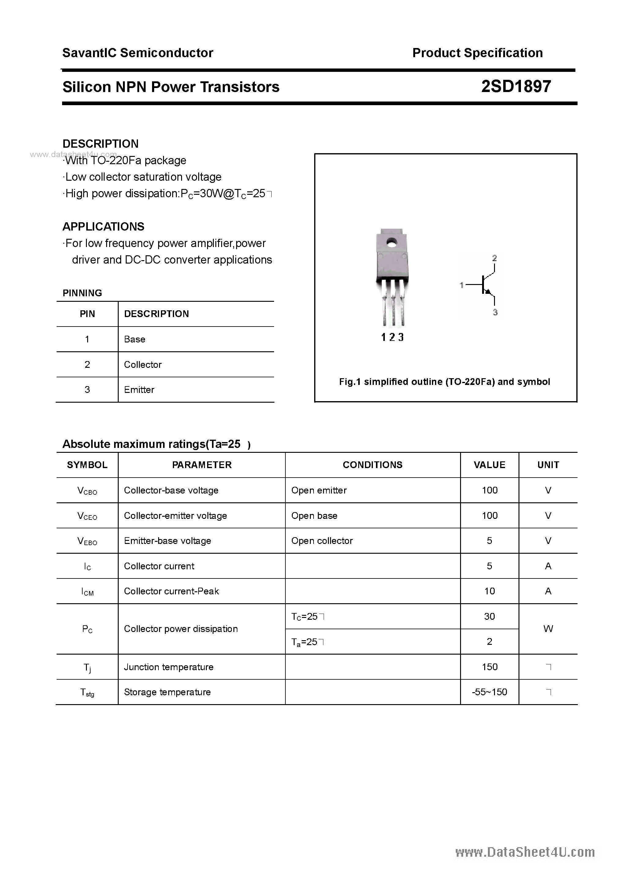 Datasheet 2SD1897 - SILICON POWER TRANSISTOR page 1