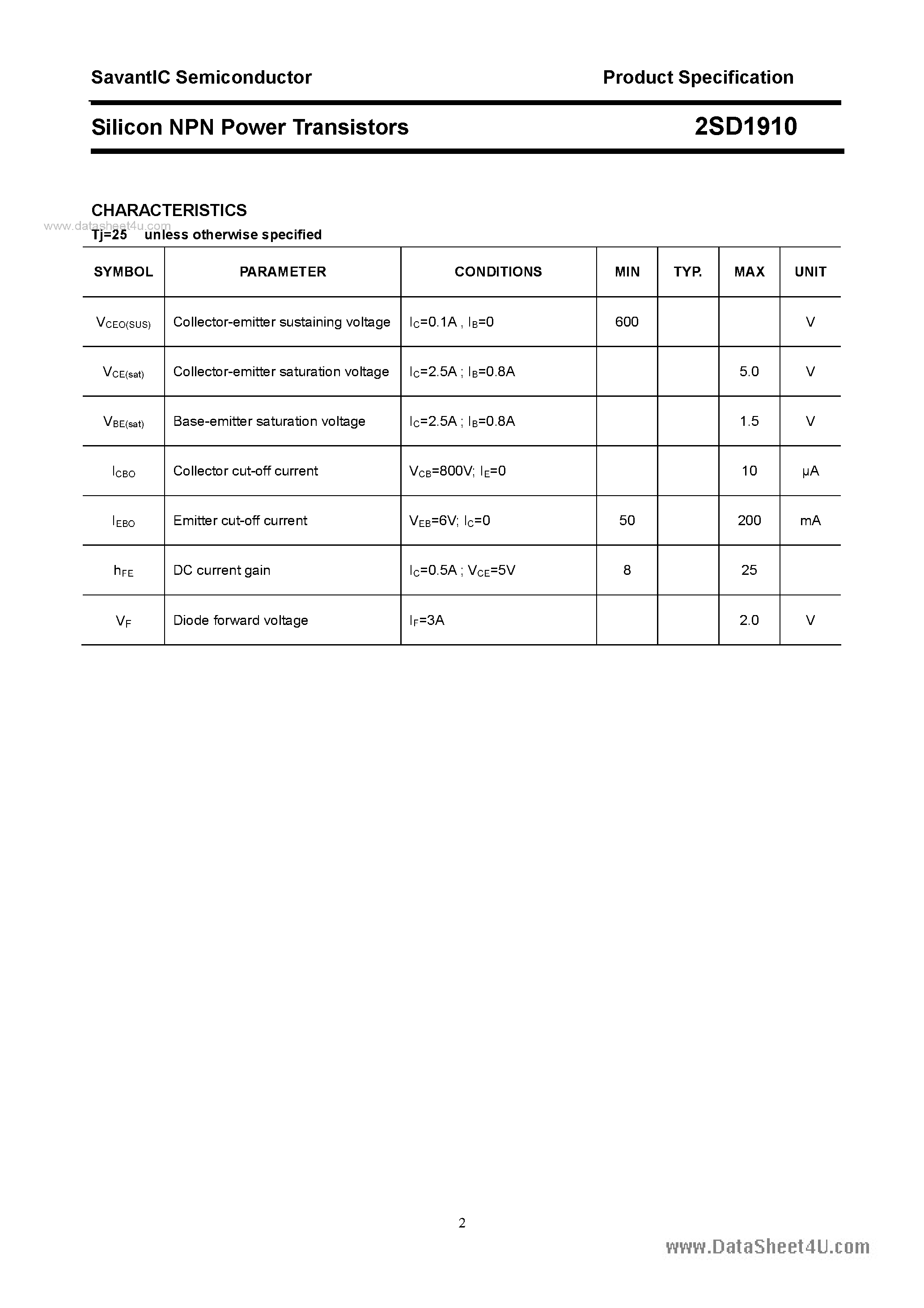 Datasheet 2SD1910 page 2 Datasheet 2SD1910 - SILICON POWER TRANSISTOR page 2