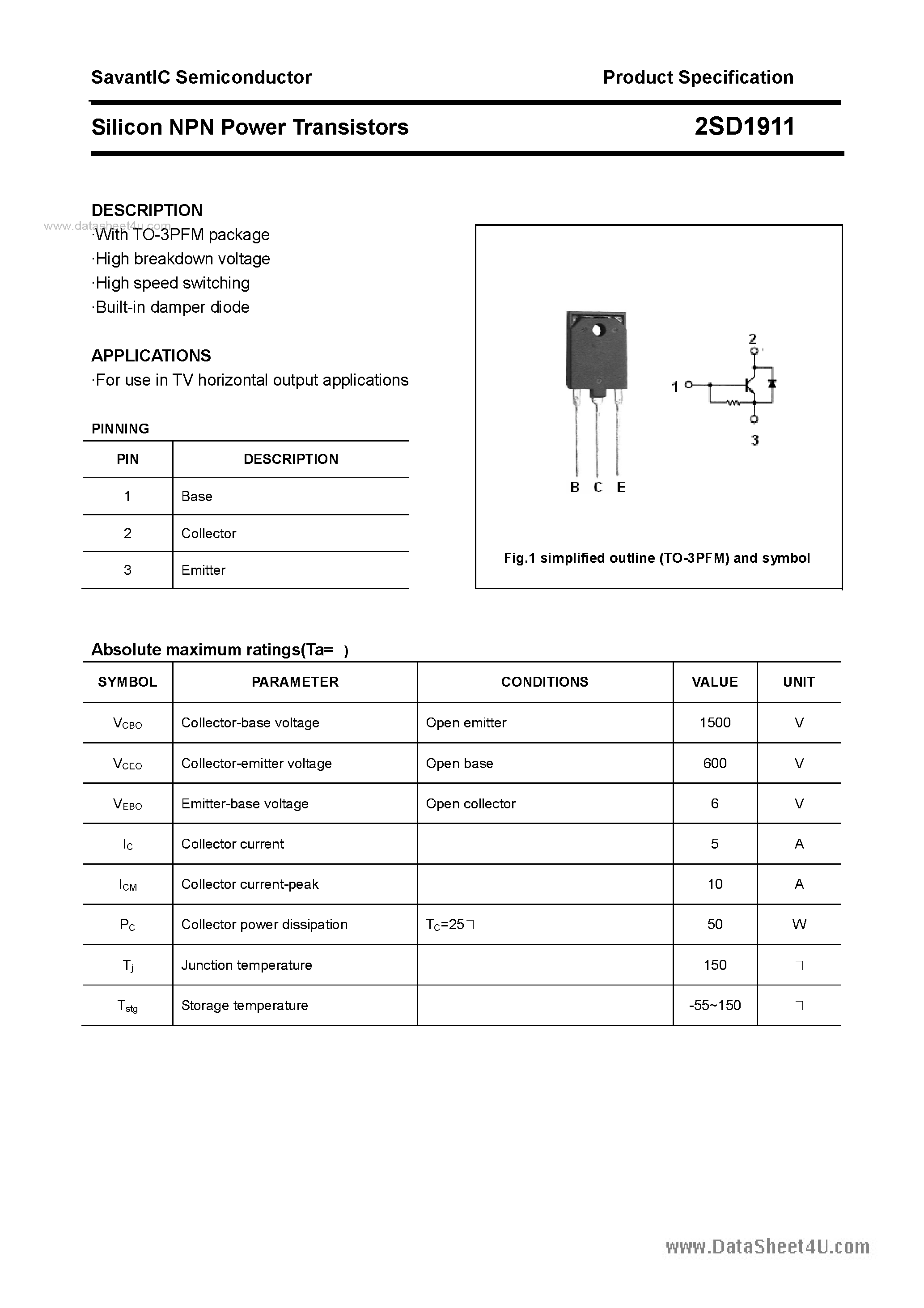 Datasheet 2SD1911 page 1 Datasheet 2SD1911 - SILICON POWER TRANSISTOR page 1