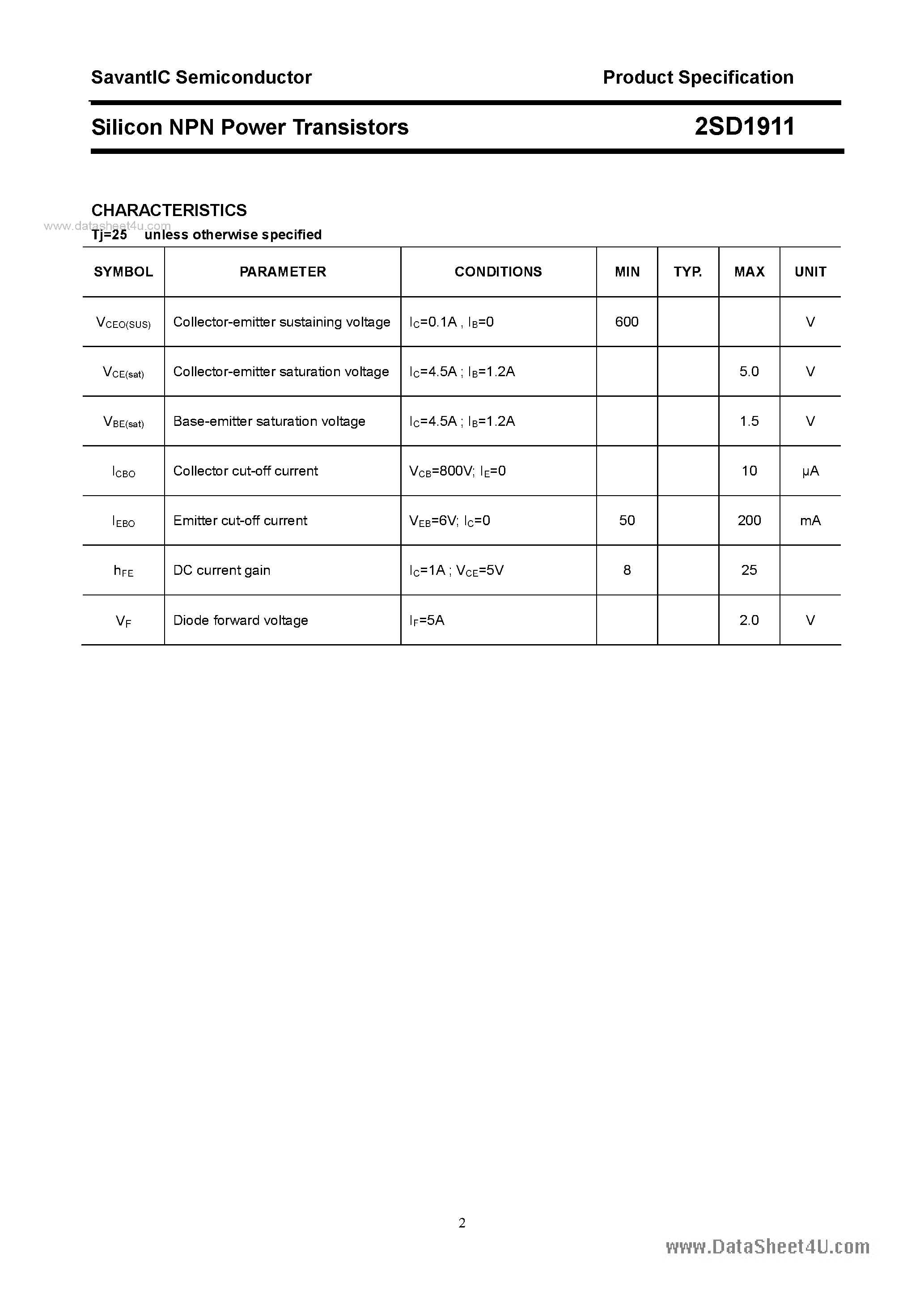 Datasheet 2SD1911 page 2 Datasheet 2SD1911 - SILICON POWER TRANSISTOR page 2