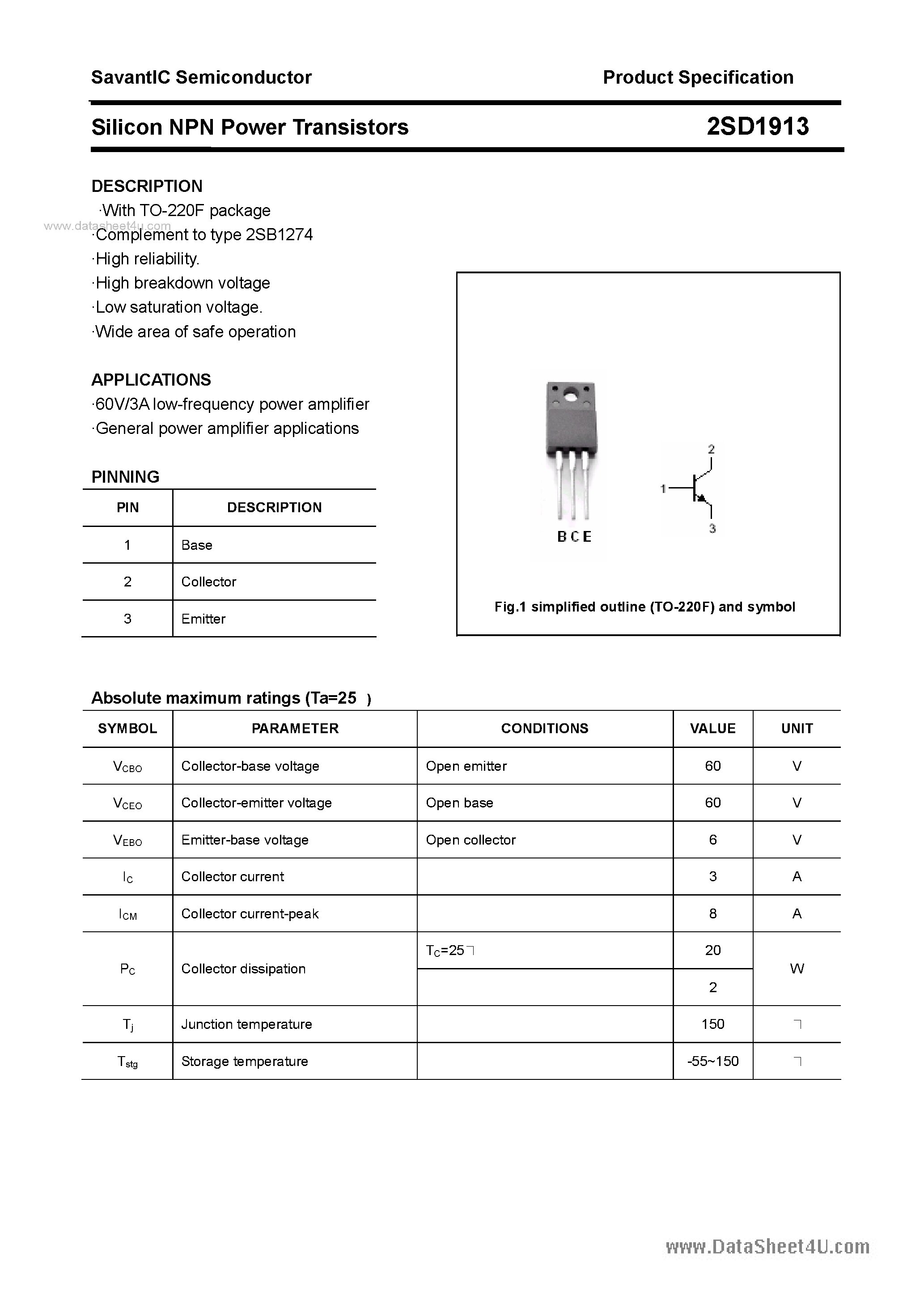 Datasheet 2SD1913 - SILICON POWER TRANSISTOR page 1